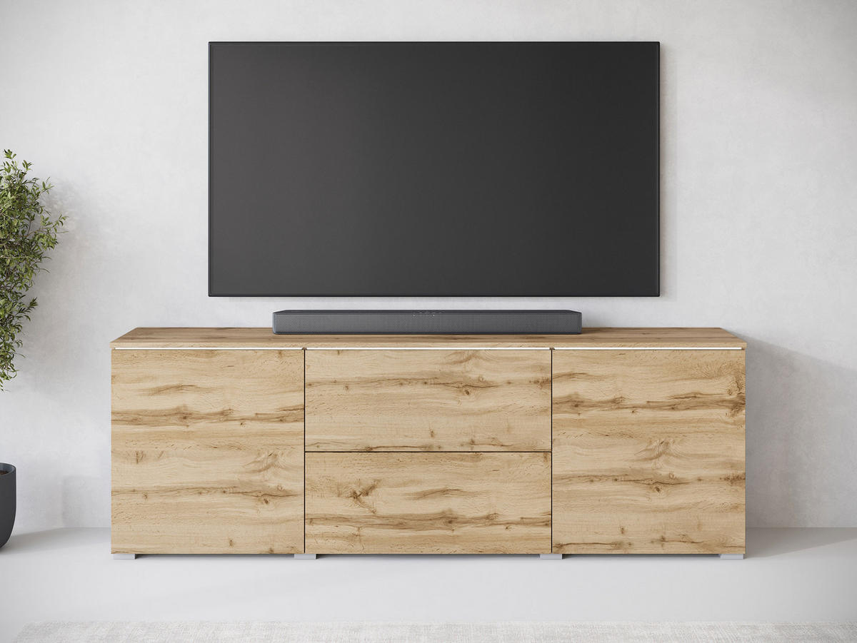 TV-LOWBOARD Vera 180 mit weißer LED Beleuchtung - Silberfarben/Eiche Wotan, Holzwerkstoff/Kunststoff (180/62/35cm) - MIRJAN24