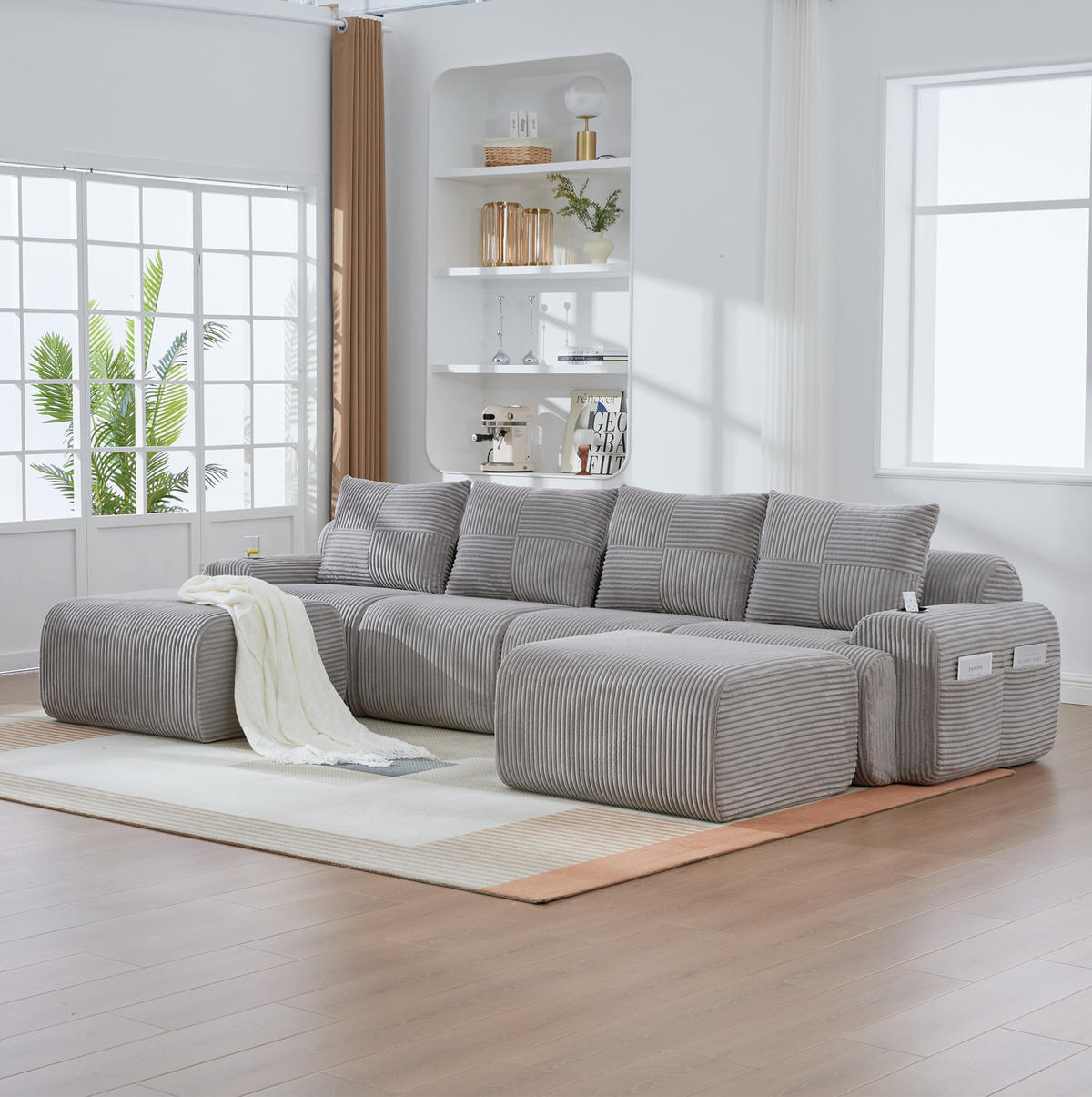 WOHNLANDSCHAFT modular 4-Sitzer mit 2 Hockern 333 x 174 cm Cord Hellgrau - Hellgrau, Kunststoff (174/80/333cm) - Meubliv