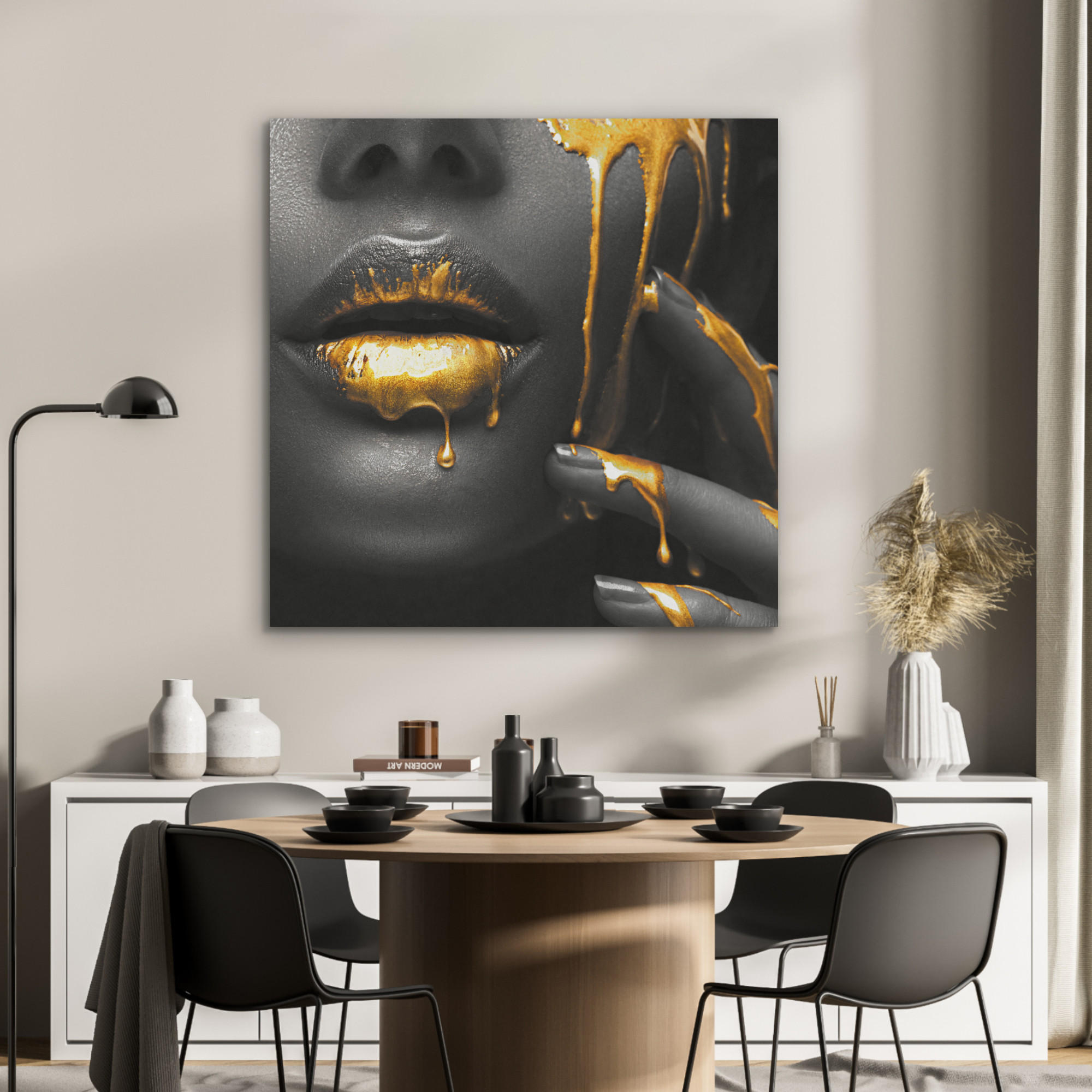 AKUSTIKPANEEL Frau - Schwarz - Gold - Gesicht - Lippen 90x90 cm - Goldfarben, Textil (90/0.9/90cm) - MuchoWow