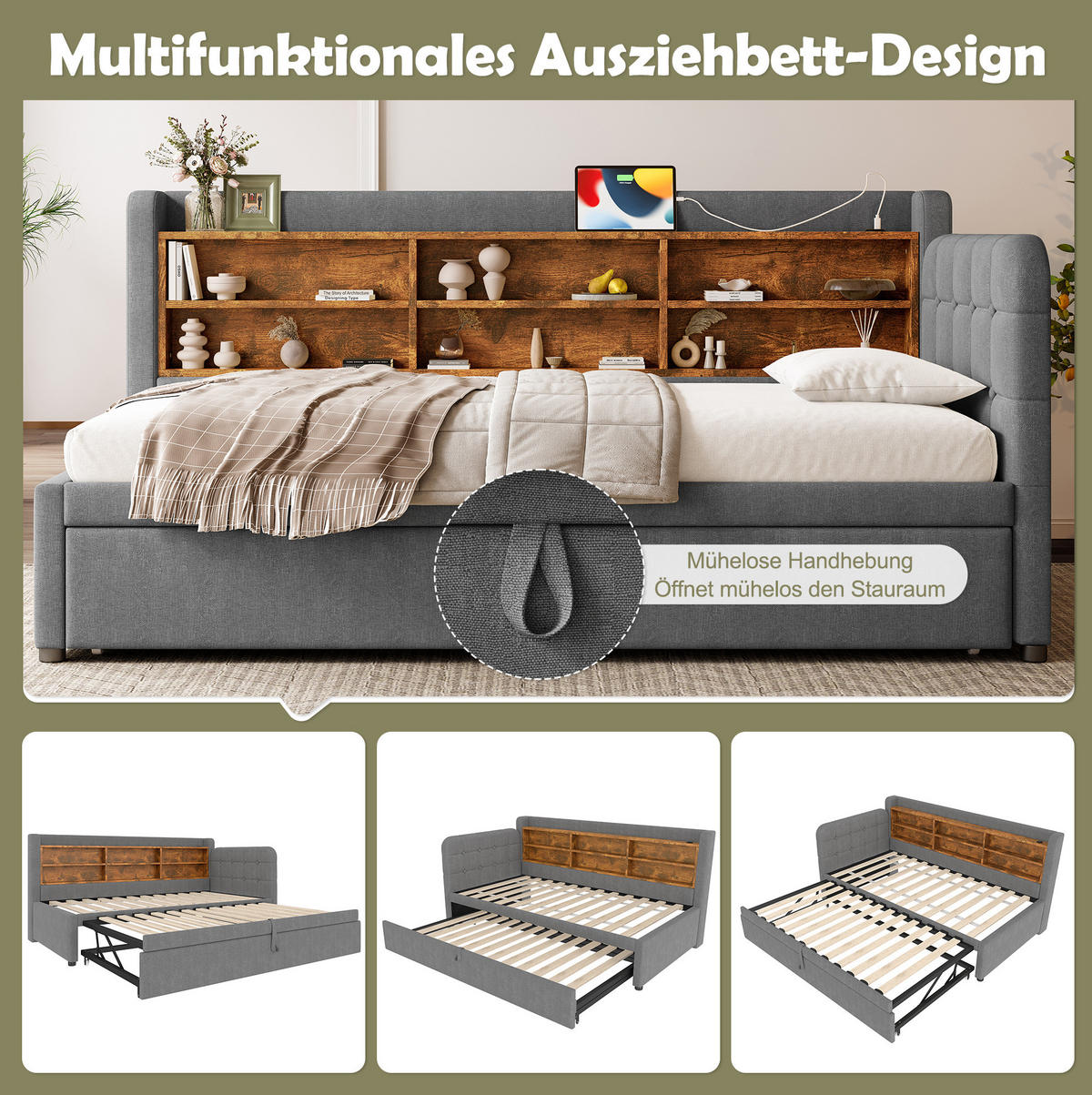 ČALOUNĚNÁ postel 90/200 cm, len šedá, rozkládací s úložným prostorem a USB/Typ C - šedá, textil (90/200cm) - BEAOK