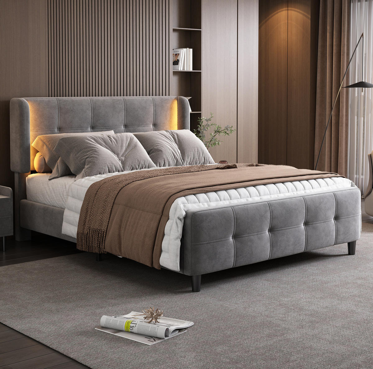 POLSTERBETT 140/200 cm Grau aus Samt mit LED-Beleuchtung - Grau, Textil (140/200cm) - OKMYHOME