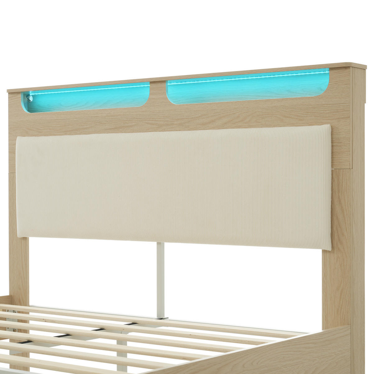 POLSTERBETT 140/200 cm Beige/Eichefarben aus Cordstoff/Holz mit LED-Beleuchtung und Stauraum - Beige, Textil (140/200cm) - OKMYHOME