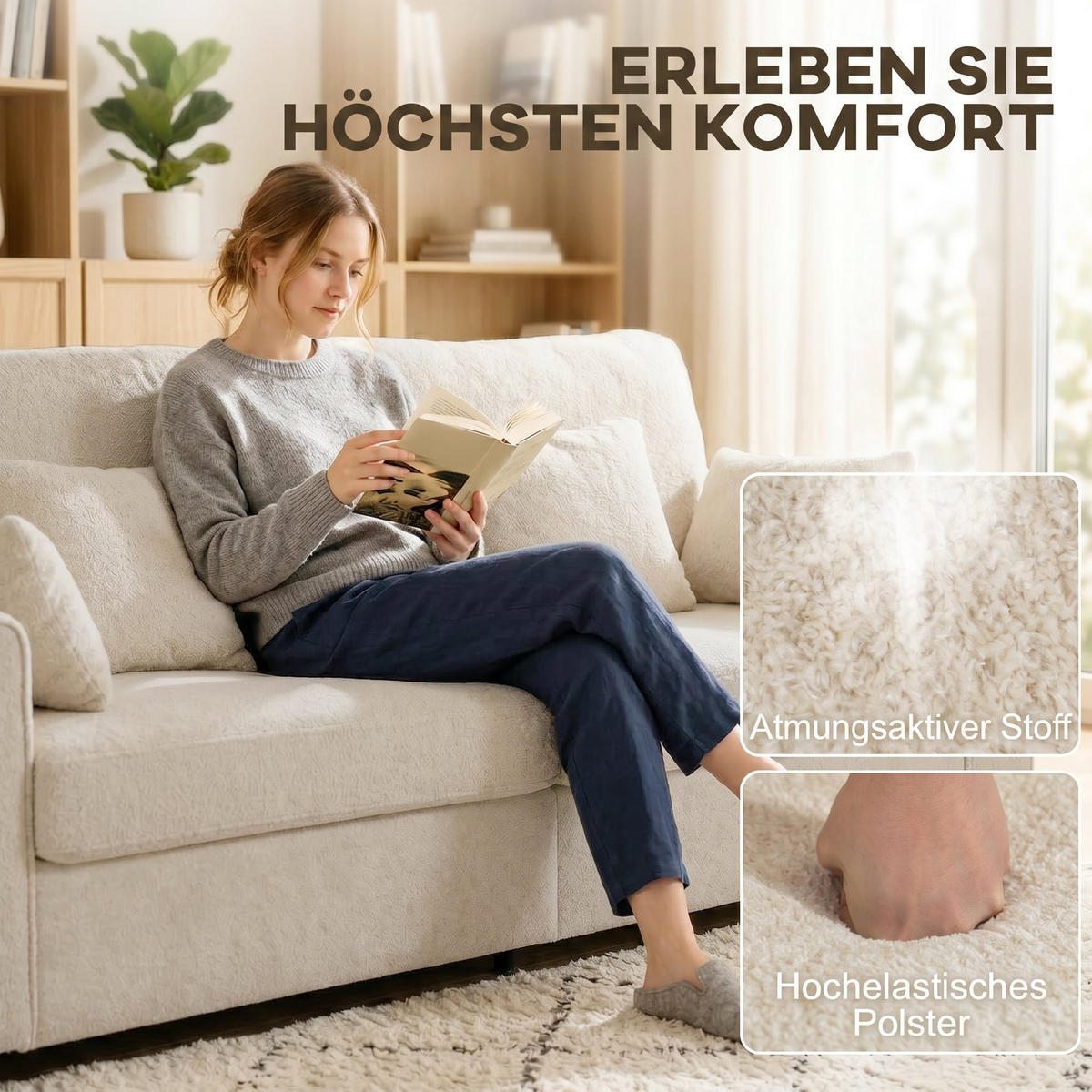 SOFA, 3-Sitzer, Raindrop-Samt, Federkissen, beige - Multicolor, Holzwerkstoff (211.5/90/85cm) - FORIOUS