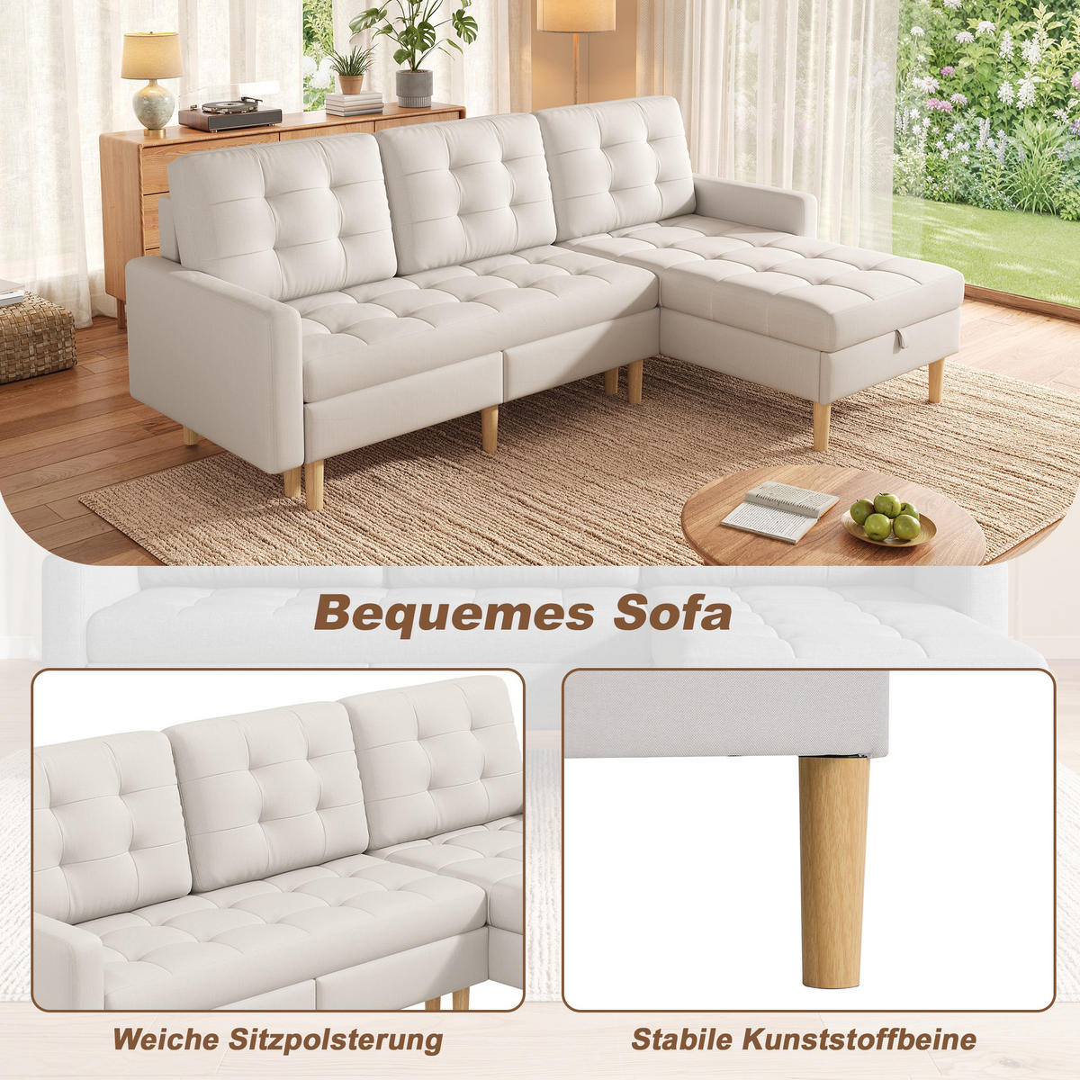 ECKSOFA L Form Stauraum Chaiselongue 3-Sitzer Beige 212cm - Beige, Textil (212/130cm) - FLIEKS