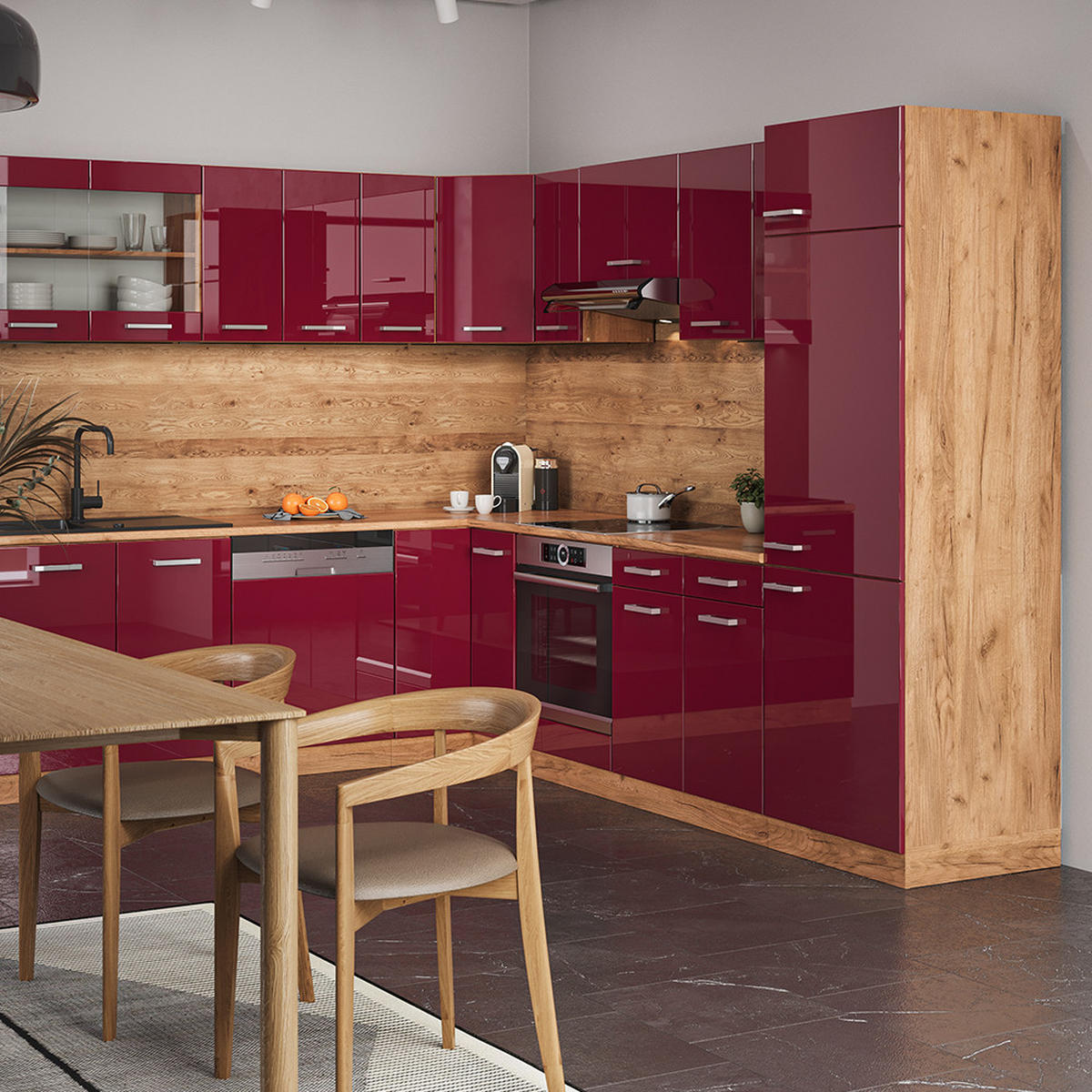 ECKKÜCHE R-Line Rot Hochglanz/Goldkraft Eiche 287 x 60 cm , AP Marmor - Rot/Eiche Wotan, Holzwerkstoff (287/81.6/60cm) - Vicco