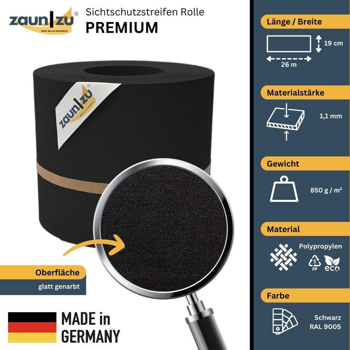 SICHTSCHUTZSTREIFEN Premium für Doppelstabmatten Zaunblende Schwarz, 26m - Schwarz, Kunststoff (2600/19cm) - ZAUN|ZU
