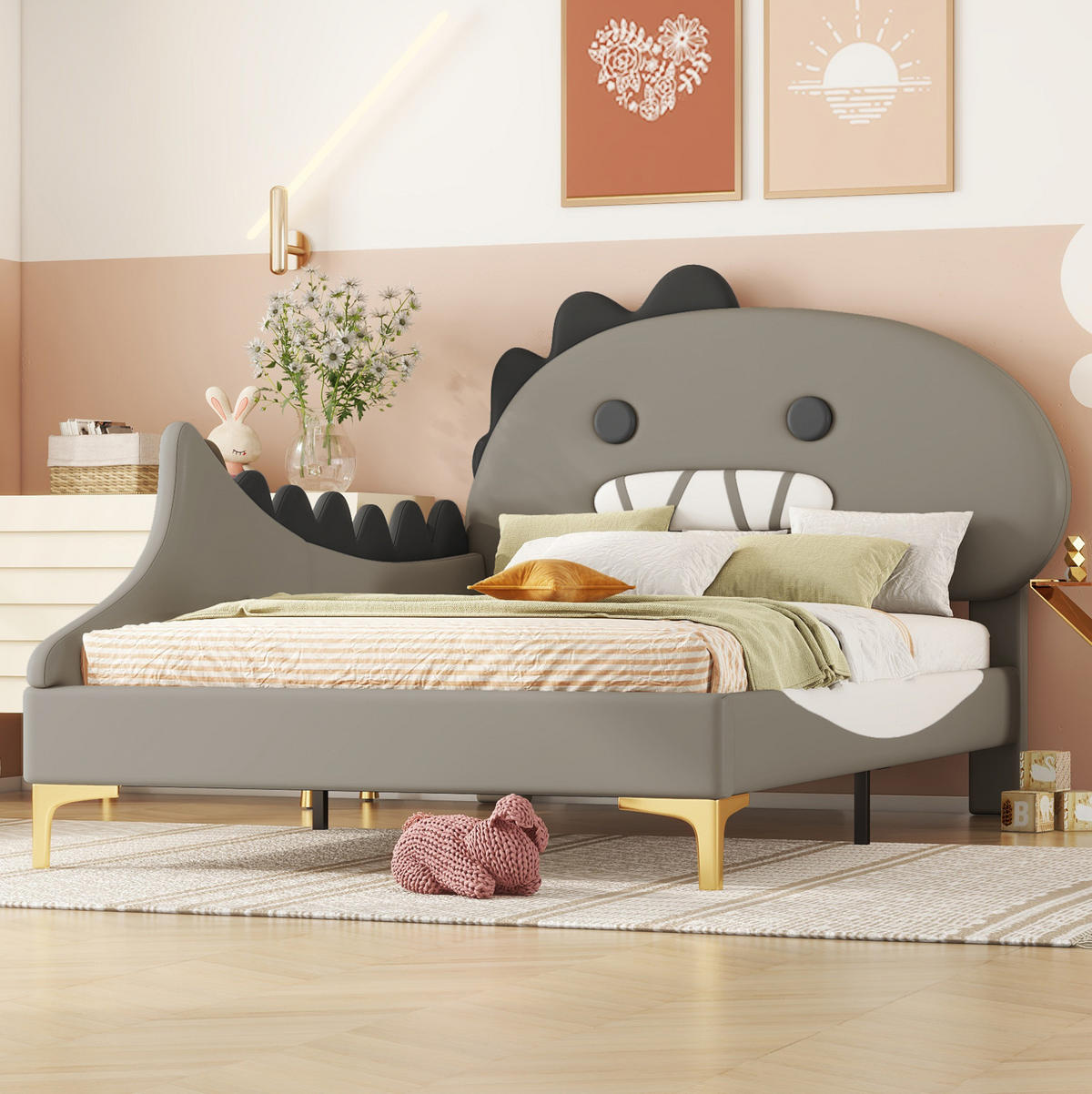 KINDERBETT aus PU 90x200 cm Grau mit Cartoon-Dinosaurier-Design und pflegeleichter Oberfläche - Grau, Kunststoff (90/200cm) - Modfu