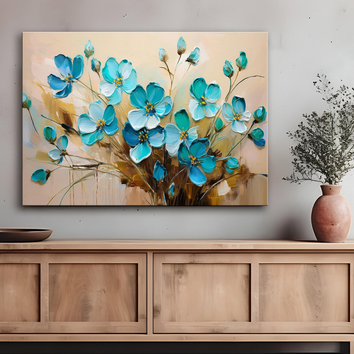 WANDBILD türkise blumen pflanzen naturstrauß - Türkis, Textil (60/40cm) - Feeby