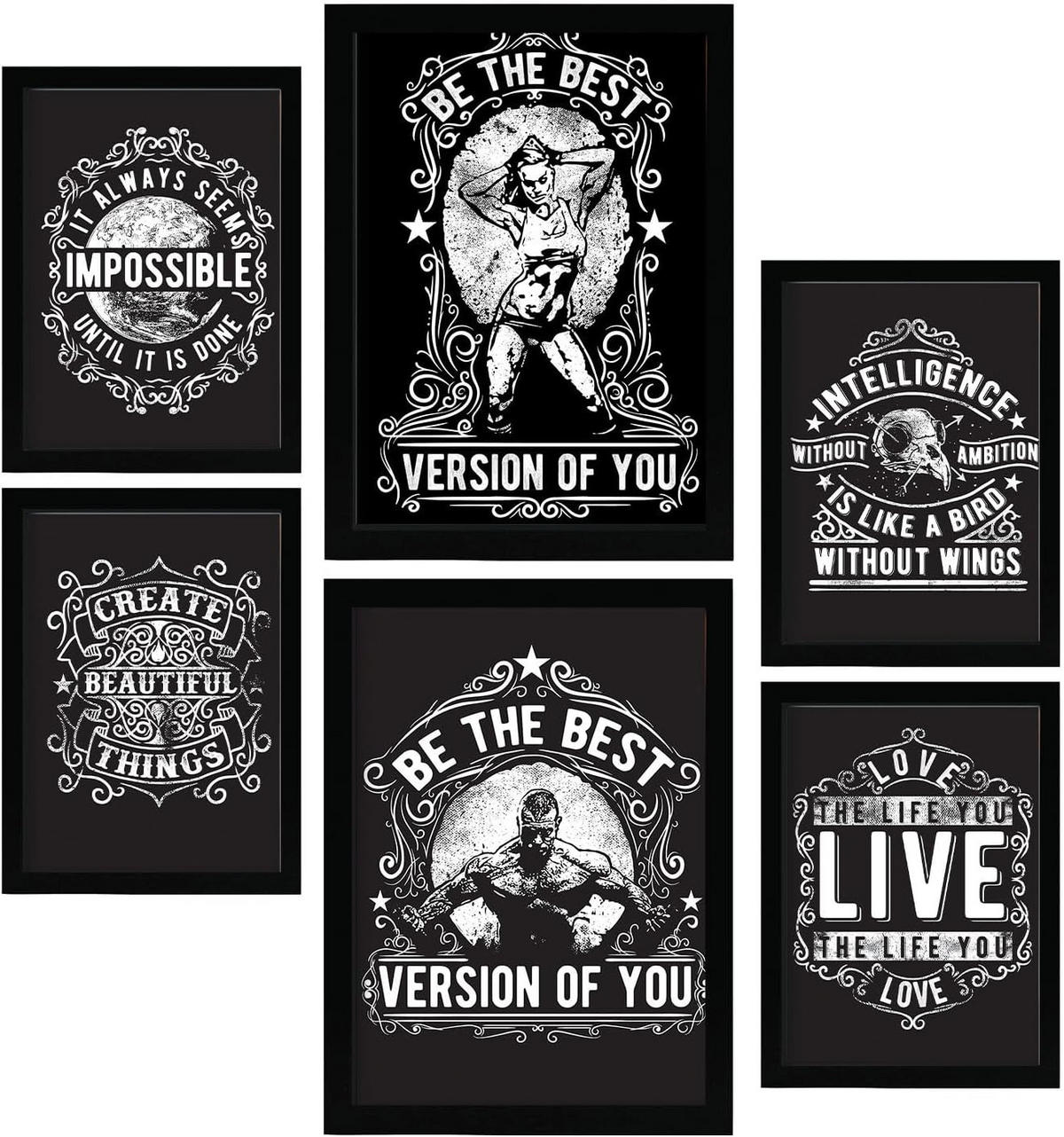 POSTER Set Mit 6 Inspirierend In Rustikale Zitate A3 & A4 Schwarzer Rahmen - Schwarz, Papier (29/3cm) - Nacnic