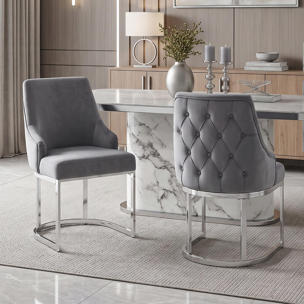 ESSZIMMERSTÜHLE 2er-Set Samt Silber Metall Grau - Silberfarben/Grau, Textil (59/89/55cm) - FLIEKS