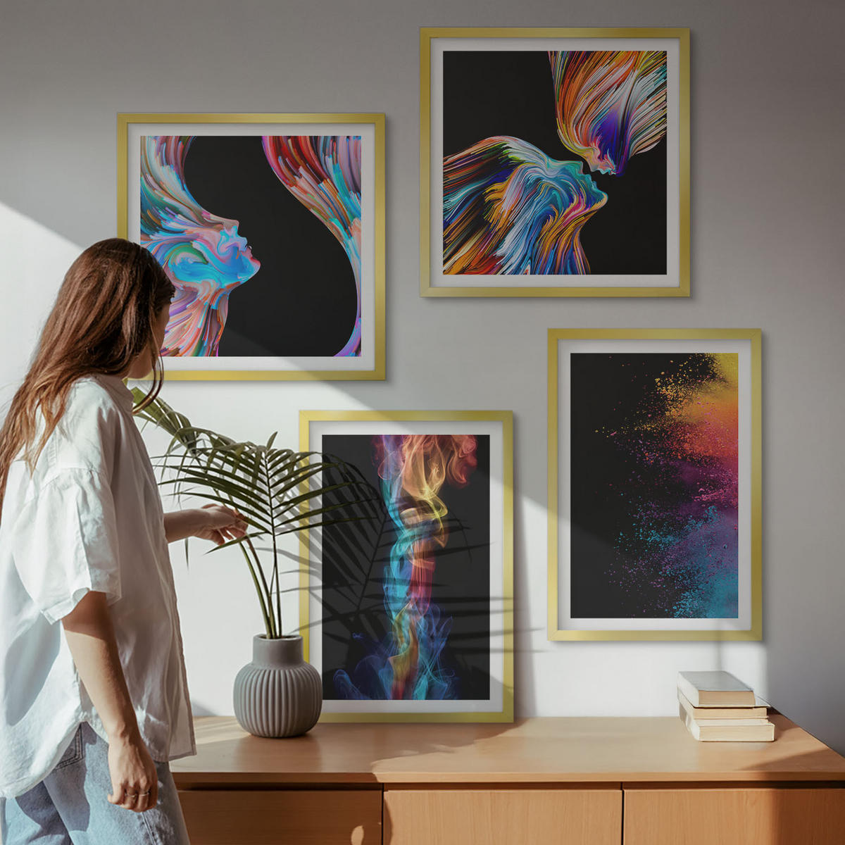 WANDBILDER 4er Set - 50x50 cm & 40x60 cm Goldrahmen - Farbenfrohe Abstraktionen, Gesichter, Formen - Goldfarben, Kunststoff (50/50cm) - ArtPrintCave
