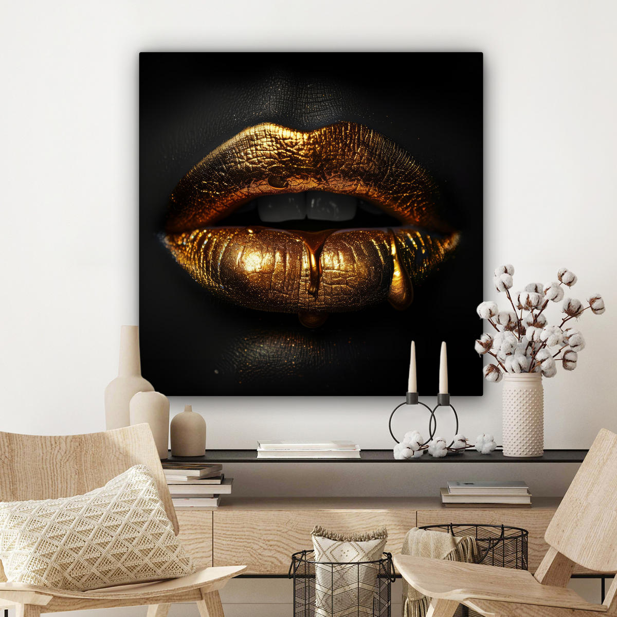 LEINWANDBILD Frau - Porträt - Lippen - Gold - Schwarz Deko Groß 90x90 cm - Schwarz, Textil (90/90cm) - MuchoWow