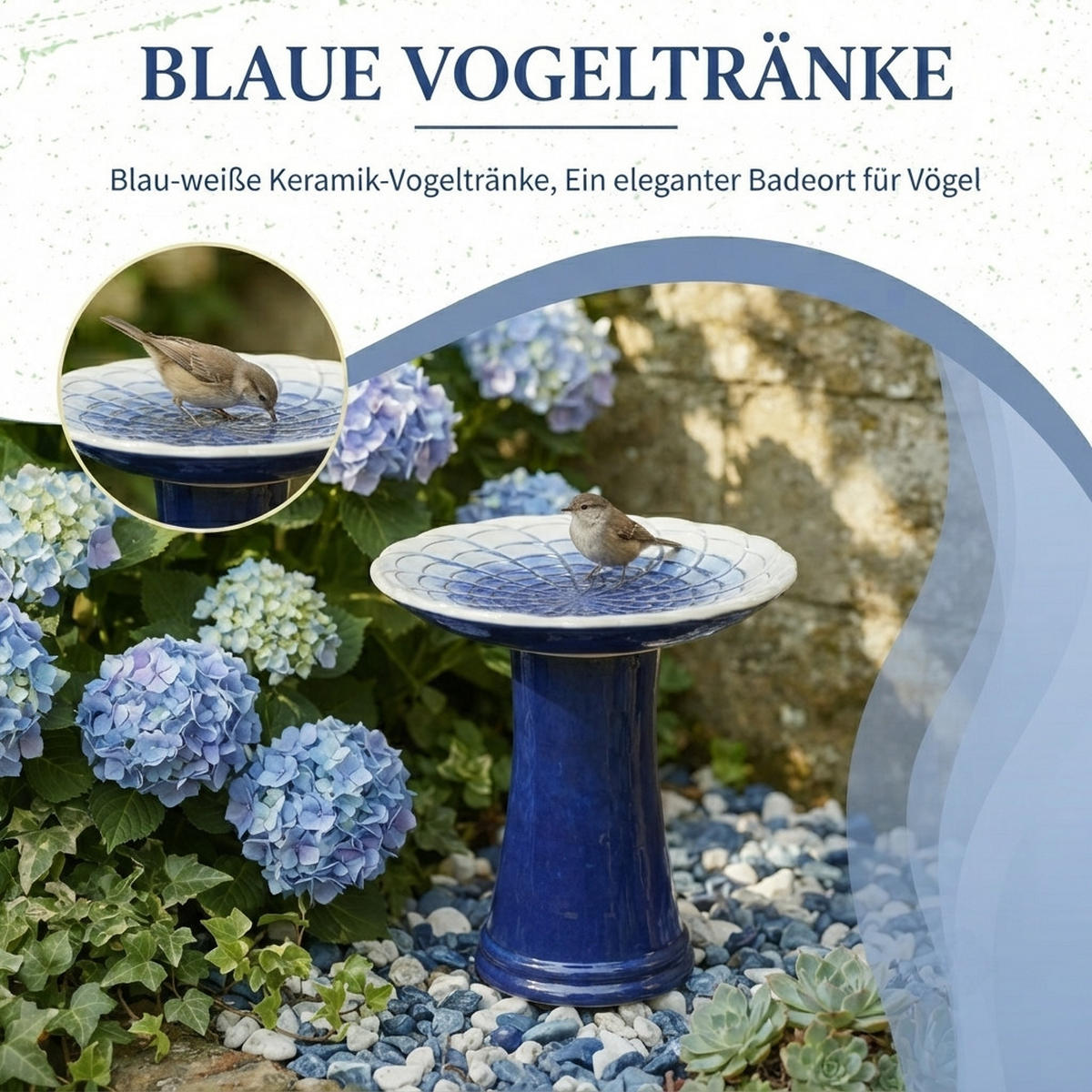 VOGELBAD mit Standfuß, Keramik Ø43/45H cm, Wetterfest, Blau - Dunkelblau, Keramik (43/45/43cm) - LVHOM