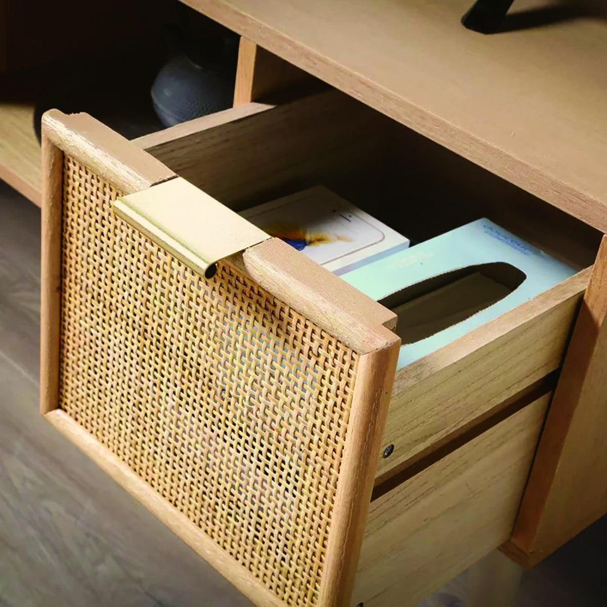 TV-MÖBEL mit 2 Schubladen Vorderseite aus Rattan - L100 cm - Apfelbaumfarben, Holzwerkstoff (42/45/100cm) - Calicosy