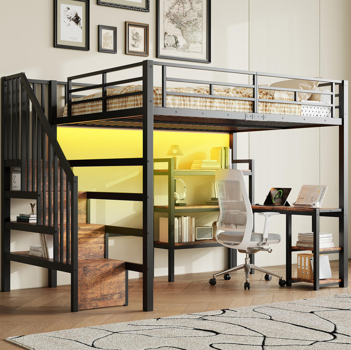 HOCHBETT 140x200 cm in Schwarz mit Schreibtisch, Stauraumtreppe und LED-Beleuchtung - Schwarz, Holzwerkstoff (140/200cm) - IVMEU