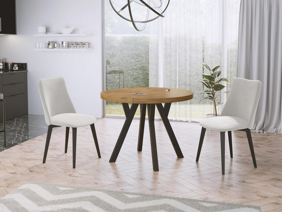 ESSTISCH Twixy runder ausziehbarer, Lancelot Eiche 90-170/90/76 cm - Eichefarben/Schwarz, Holz/Holzwerkstoff (90/90/76cm) - WFL GROUP
