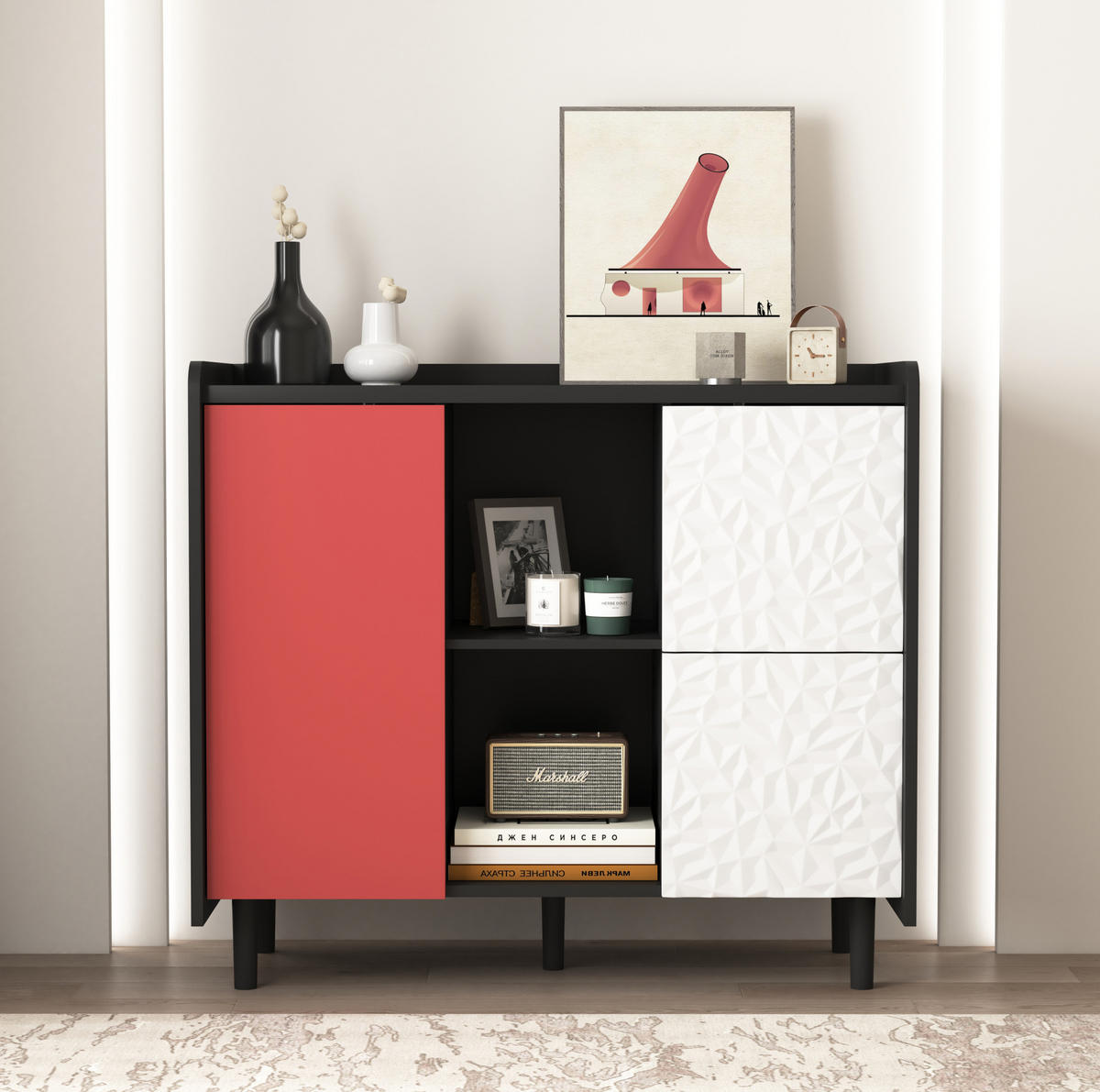 SIDEBOARD 90/40/80 cm mit 2 Schubladen & offenen Fächern in Schwarz/Rot - Rot, Holzwerkstoff (90/80/40cm) - BEAOK