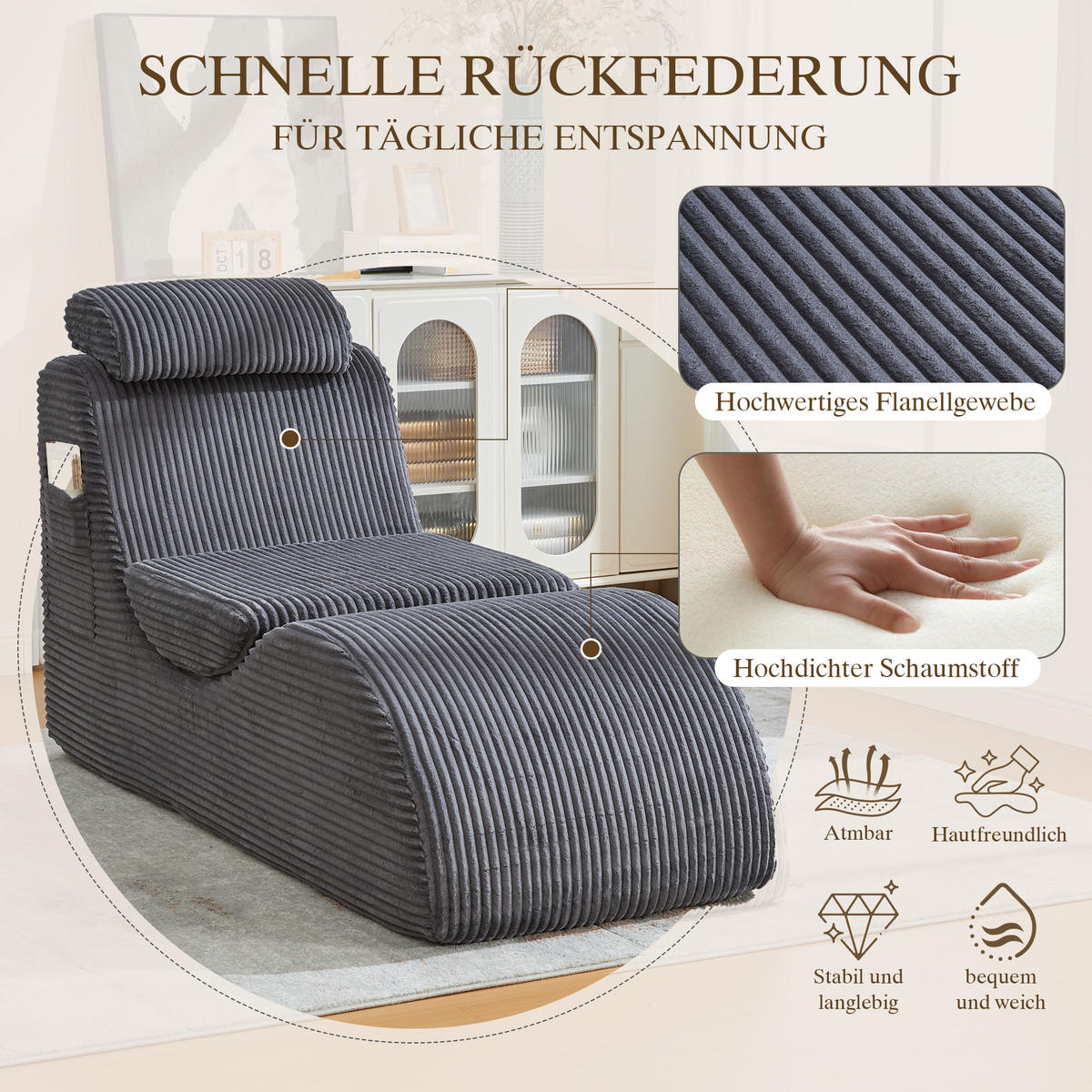 SESSEL Cord Dunkelgrau mit Seitentasche und Kopfkissen - Dunkelgrau, Holzwerkstoff/Textil (66/90/160cm) - WISHDOR
