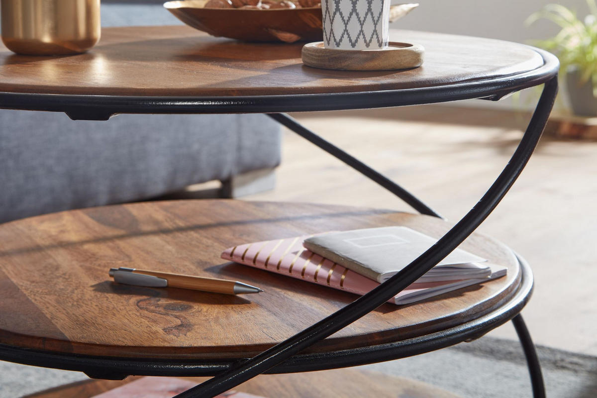 COUCHTISCH aus Sheesham-Massivholz, 58x58 cm, mit 3 Ablageflächen und außergewöhnlichem Design - Schwarz/Braun, Holz/Metall (58/58/40cm) - KADIMA DESIGN