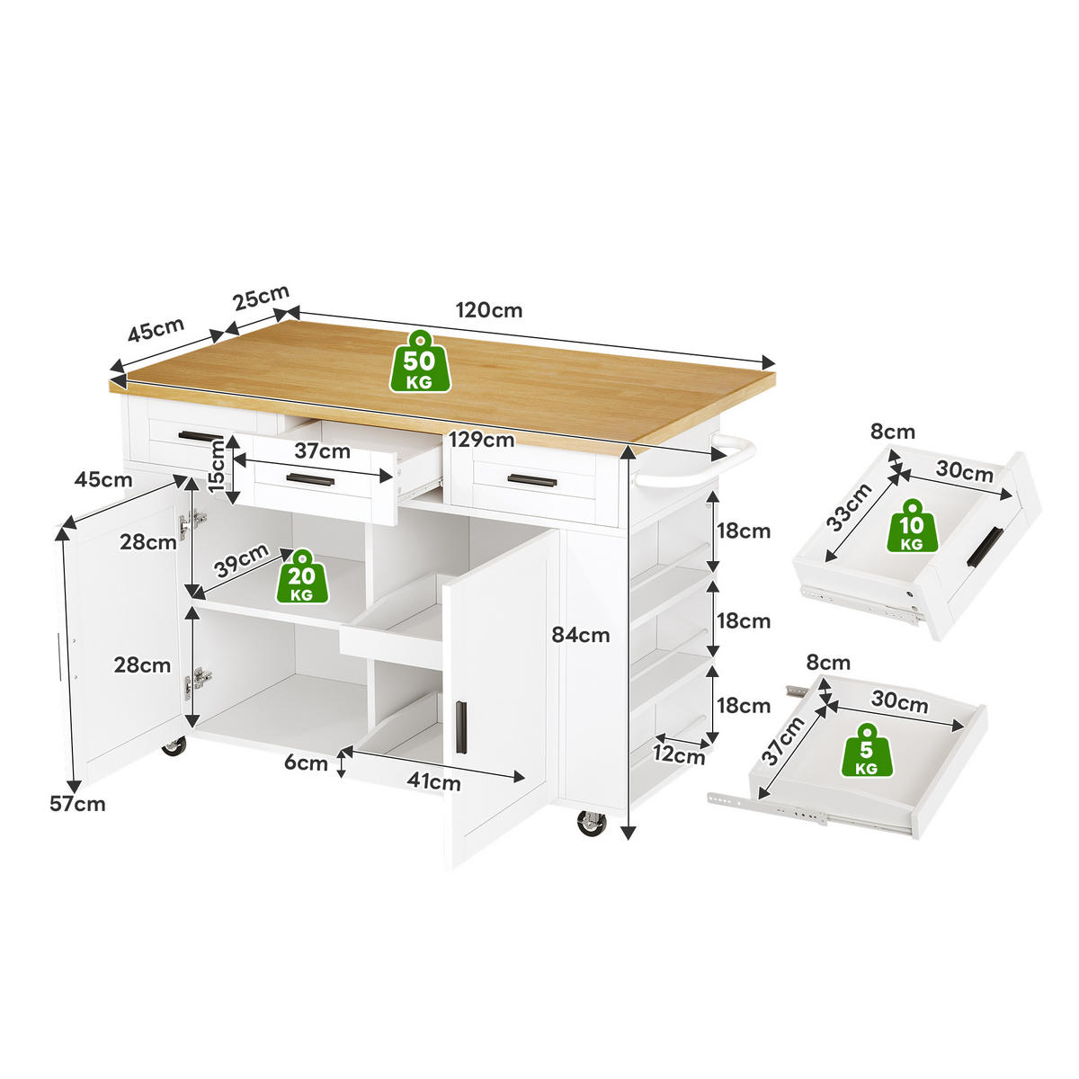 KÜCHENINSEL 84 cm MDF Natur Weiß mit Klappbarer Arbeitsplatte und USB-Steckdose - Weiß, Holzwerkstoff (70/84/120cm) - Korfee
