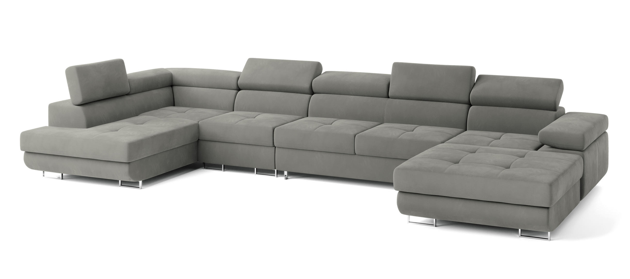 WOHNLANDSCHAFT VELORA L-S Hellgrau Velours-Stoff mit Schlaffunktion - Hellgrau, Holz (419/90/202cm) - MASSENO