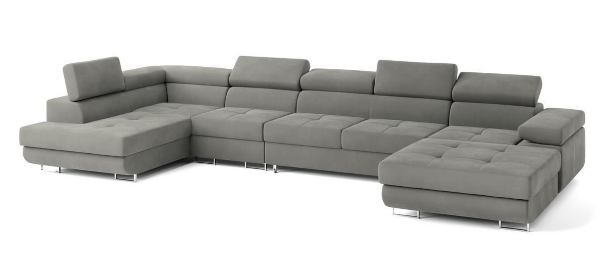 WOHNLANDSCHAFT VELORA L-S Hellgrau Velours-Stoff mit Schlaffunktion - Hellgrau, Holz (419/90/202cm) - MASSENO