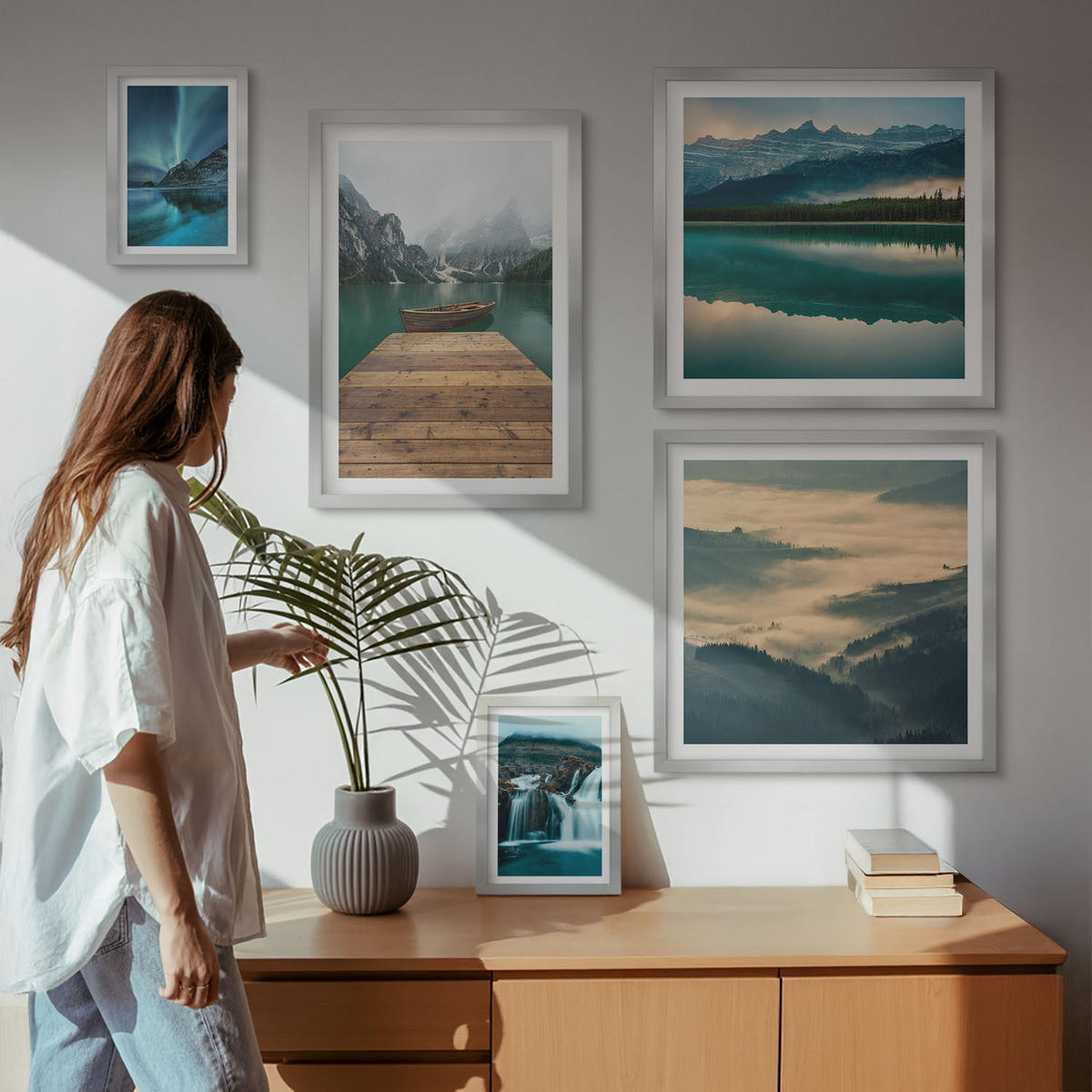 BILDER SET 5er Set - 50x50 cm & 20x30 cm & 40x60 cm Silberner Rahmen - Abstrakte Monstera-Palmenblätter - Silberfarben, Kunststoff (40/60cm) - TULUP