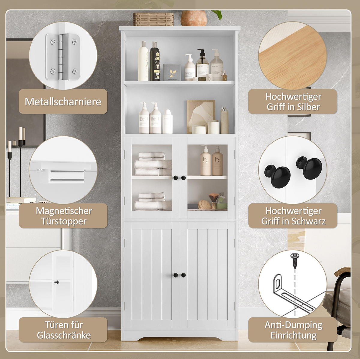 BADEZIMMER-HOCHSCHRANK 57.4x28.5x160cm in Weiß, feuchtigkeitsbeständig mit 4 Türen - Weiß, Holzwerkstoff (57.4/160/28.5cm) - Modfu