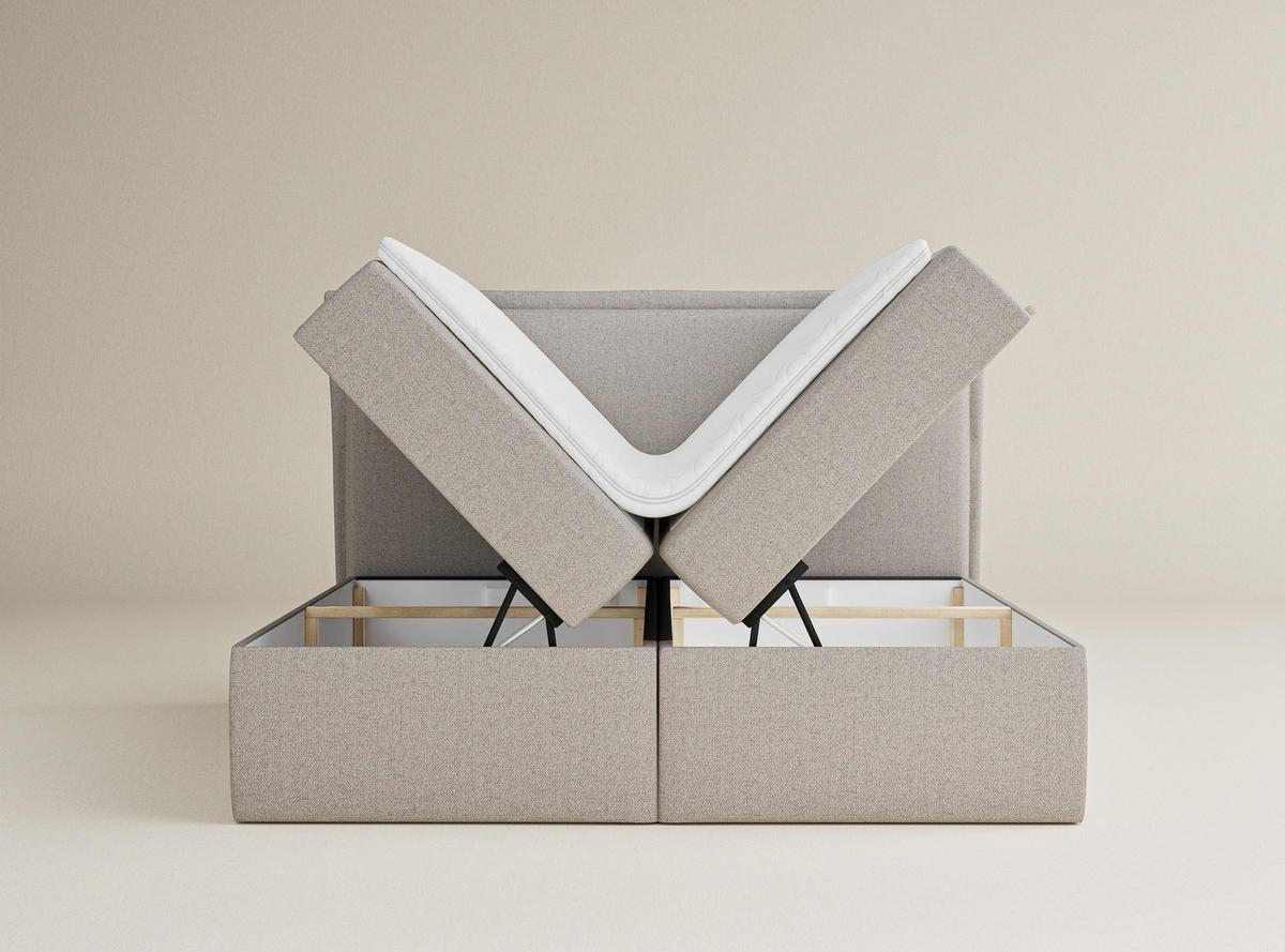 BOXBETT Saffron 140/200 cm, in Beige, Bettkasten, Matratze, Topper - Beige/Schwarz, Holz/Holzwerkstoff (140/200cm) - Maison de Reve