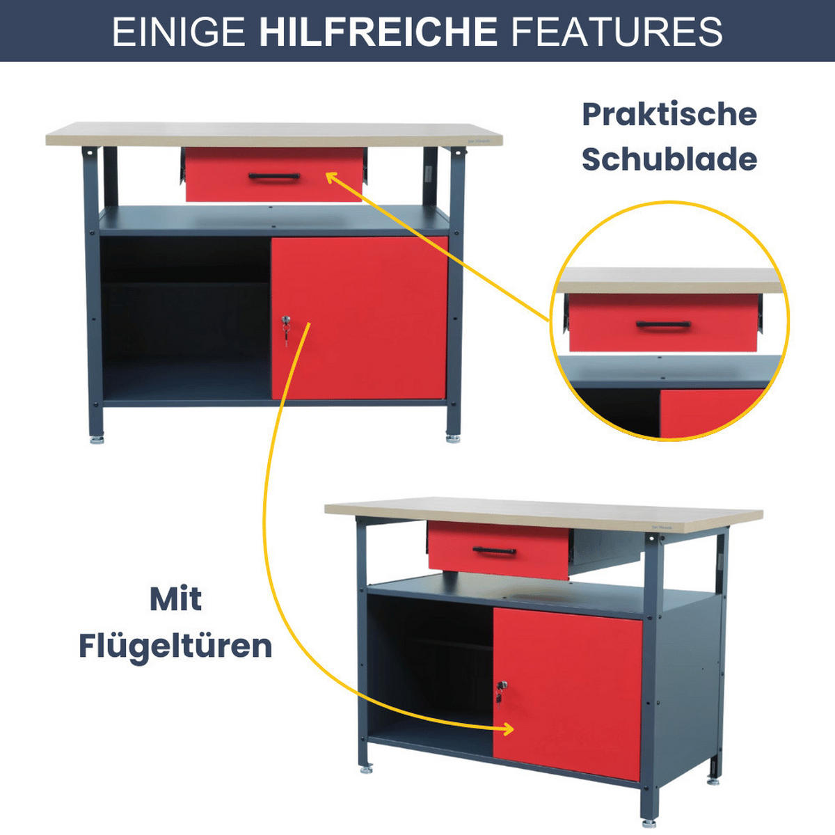 WERKBANK Werkstatt ERWA 85x120x60cm Anthrazit-Rot - Anthrazit, Metall (120/85/60cm) - DELUKE