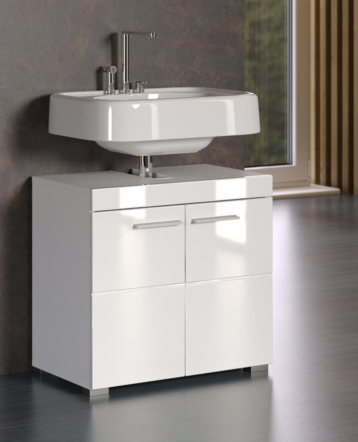 WASCHBECKENUNTERSCHRANK weiß Hochglanz 60 x 56 cm, Badschrank 2-türig - Weiß, Holzwerkstoff/Kunststoff (60/56/34cm) - Top.Furn