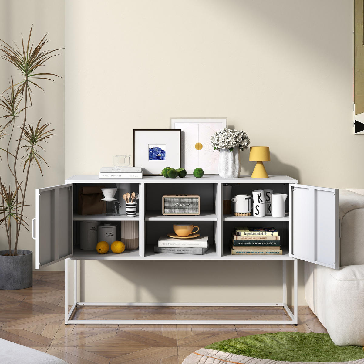 SIDEBOARD 120/40/75 cm in Weiß aus Metall mit 6 Fächern - Weiß, Metall (120/75/40cm) - BEAOK