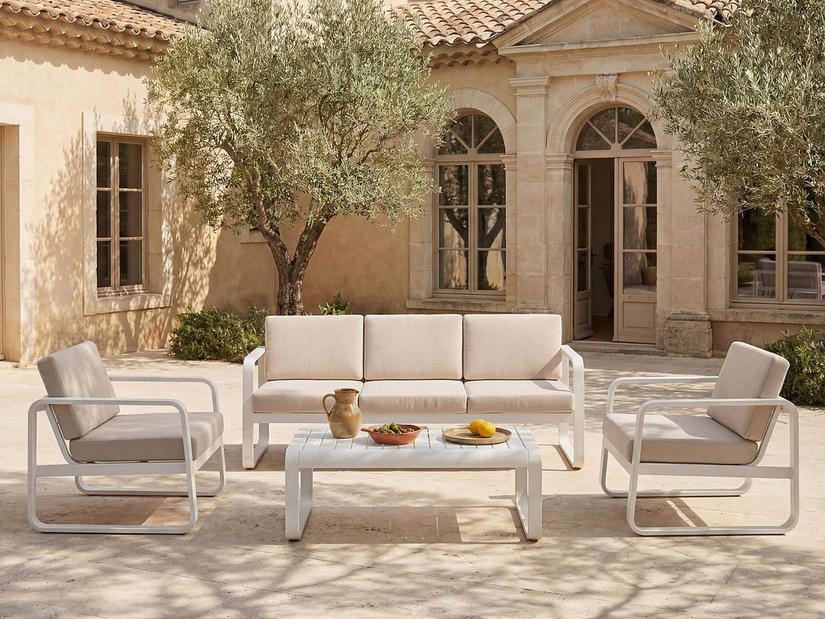 GARTENLOUNGE aus Aluminium: 1 Dreisitzer-Sofa und 1 Couchtisch – Weiß mit beigen Kissen – LOMIA von MYLIA - Beige/Weiß, Metall - Vente-Unique