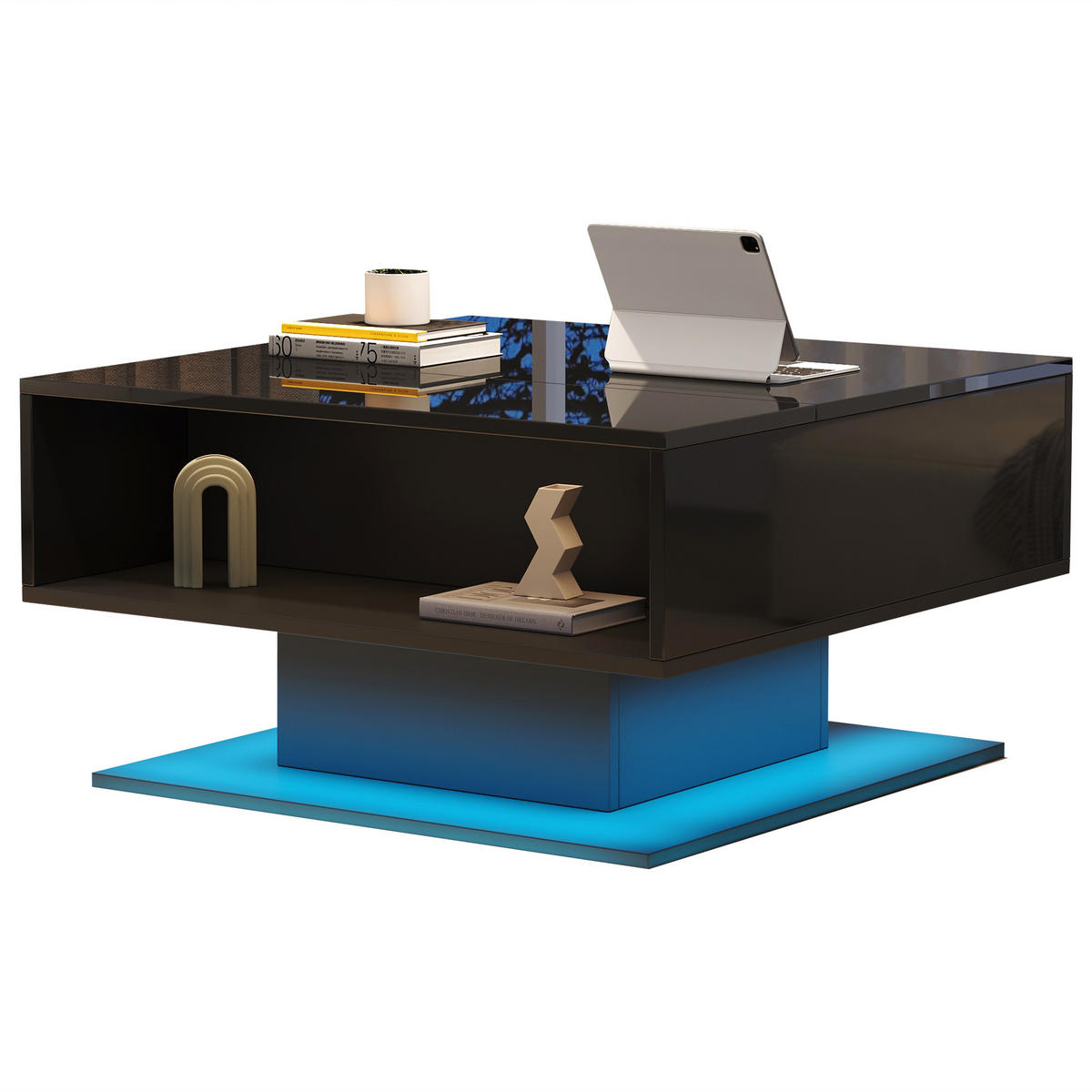 COUCHTISCH 80/77/40 cm höhenverstellbar in Schwarz mit Stauraum und LED-Beleuchtung - Schwarz, Holzwerkstoff (80/77/40cm) - OKWISH