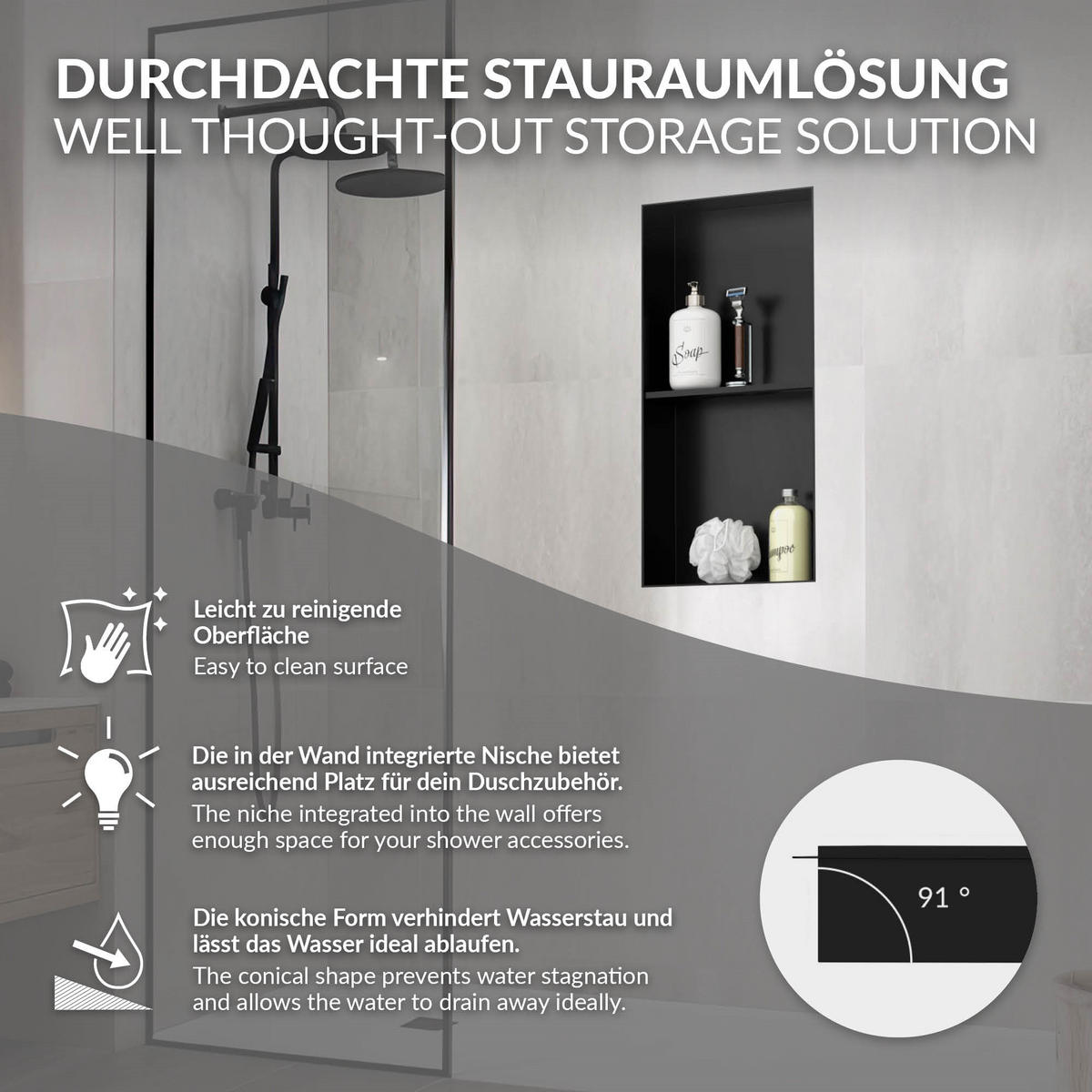 DUSCHNISCHE Doppel Schwarz 30/60 cm randlos - Schwarz, Metall (30/60/10cm) - LuxeBath