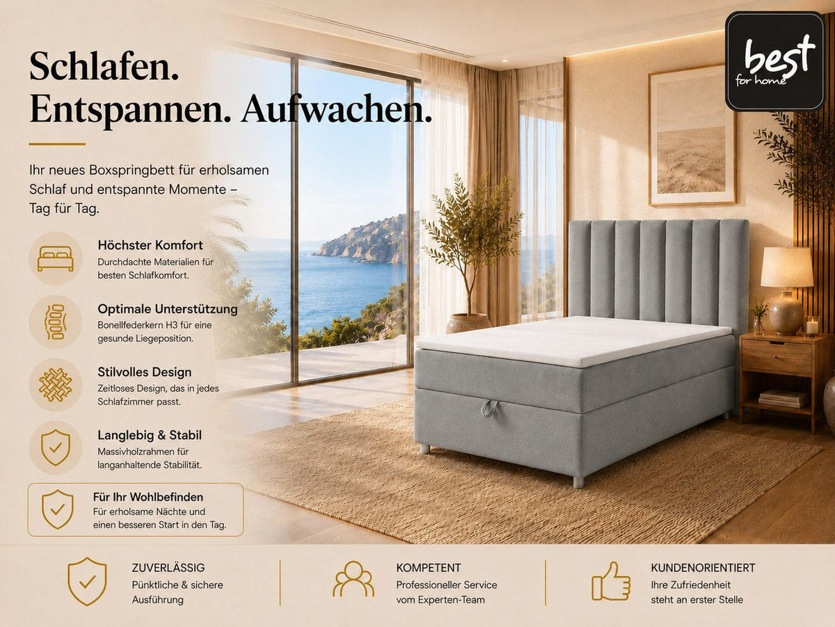 BOXBETT mit Bettkasten Trinity K-10 SINGLE Bonellfederkern inkl. Topper - Grau, Holz/Holzwerkstoff (100/200cm) - Best For Home