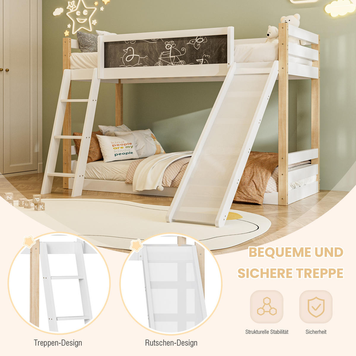 ETAGENBETT Weiß 90/200 cm mit Treppe und Rutsche - Weiß, Holz (90/200cm) - MIVRAY