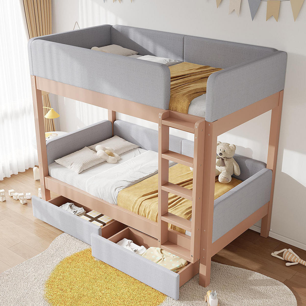 ETAGENBETT 90x200cm mit weiche Antikollisions-Schwammkante, Grau+Natur - Grau, Holz (98/216cm) - KOMHTOM