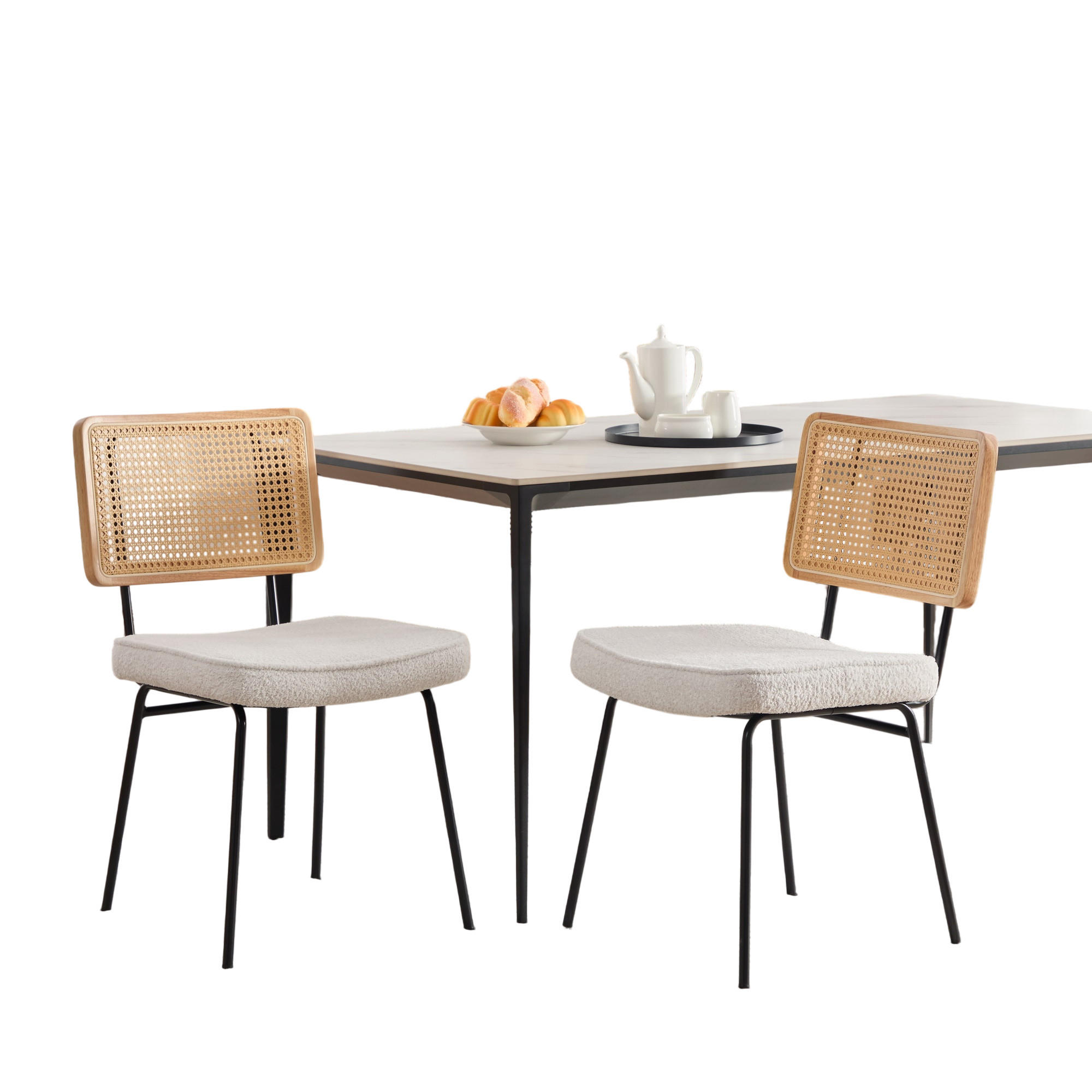 STUHL-SET DE-36881 2 Stück mit Chenille-Polsterung und Rattan-Optik Elfenbein - Creme, Metall (58/82/47cm) - ComfortXL