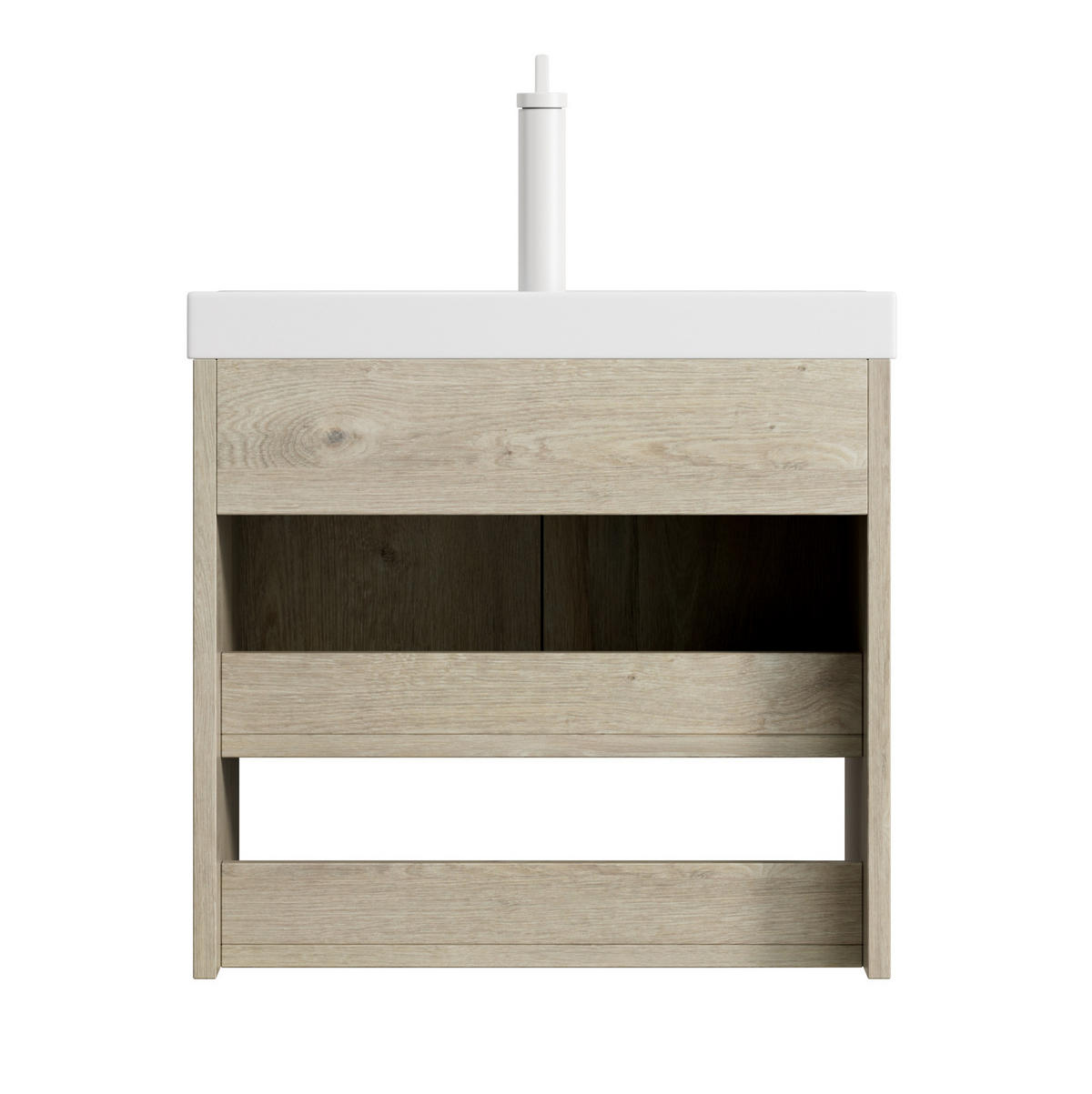KOMPAKTE Waschtischkombi 55 cm in Eiche/Weiß mit Soft-Close und offenem Fach - Creme, Keramik (55/53/32cm) - BEAOK