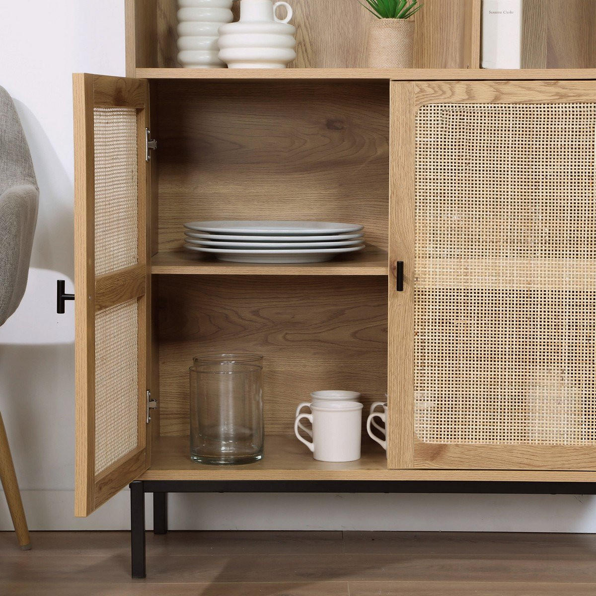 BÜCHERREGAL mit Aufbewahrung 2 Türen aus natürlichem Rattan H175cm - JAYA - Apfelbaumfarben, Holzwerkstoff (35/175/80cm) - Calicosy