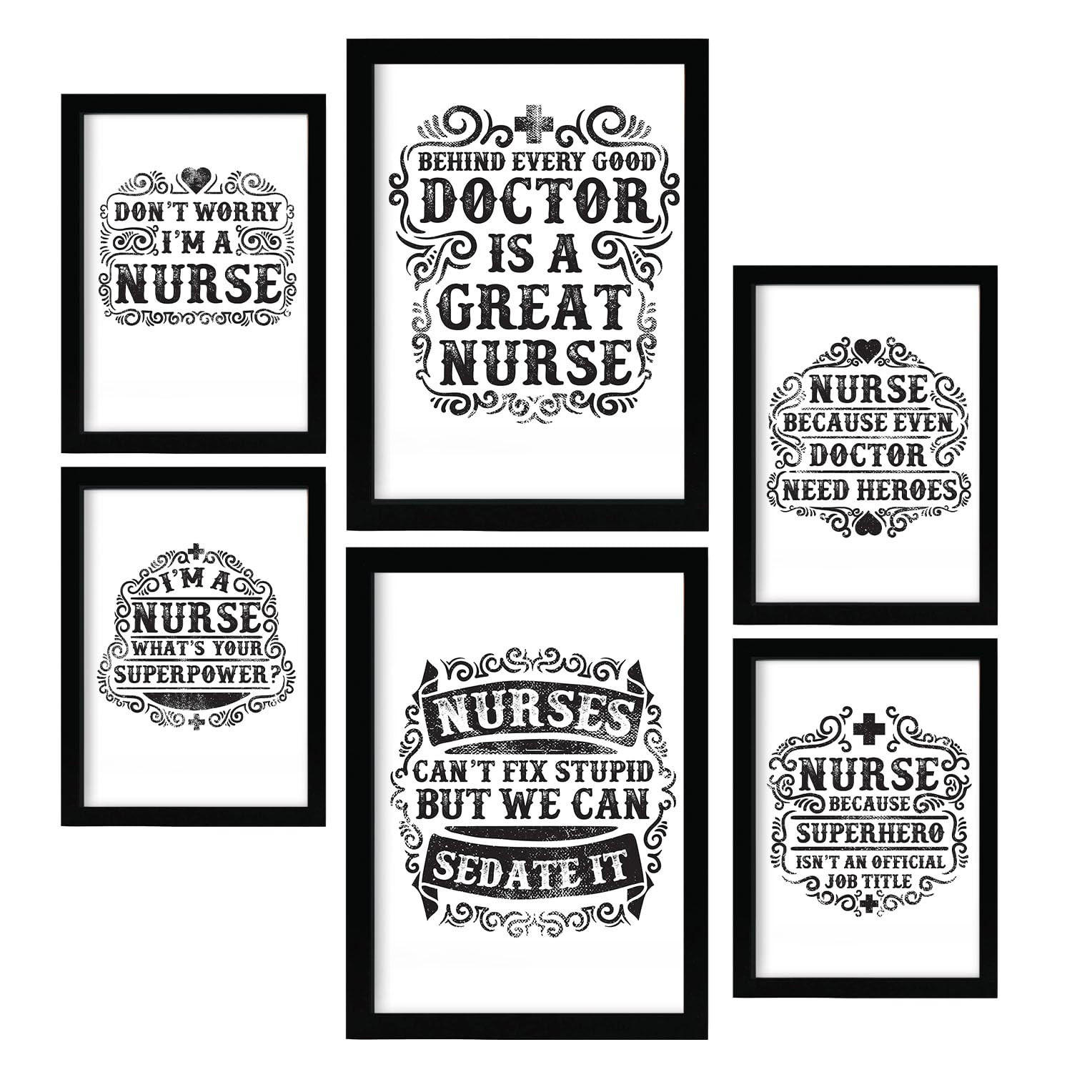 POSTER Set Mit 6 Krankenschwester In Rustikale Zitate A3 & A4 Schwarzer Rahmen - Schwarz, Papier (29/3cm) - Nacnic