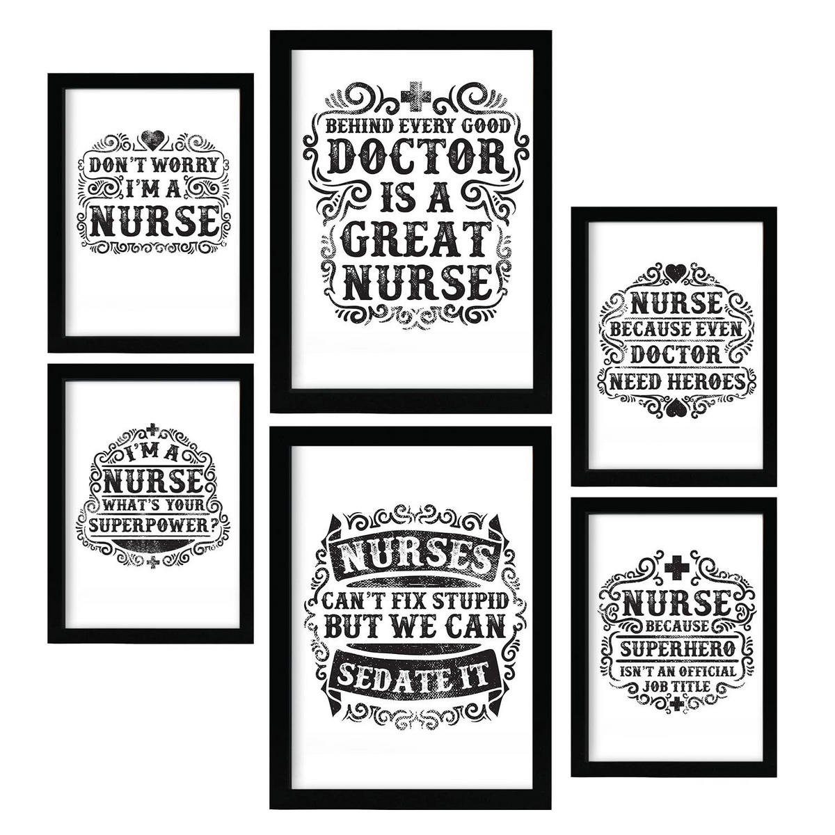 POSTER Set Mit 6 Krankenschwester In Rustikale Zitate A3 & A4 Schwarzer Rahmen - Schwarz, Papier (29/3cm) - Nacnic