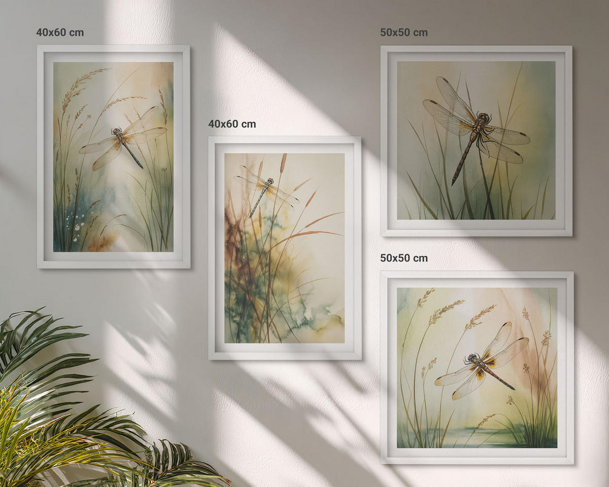 BILDER SET 4er Set - 50x50 cm & 40x60 cm Weißer Rahmen - Libellengräser über dem Wasser - Weiß, Kunststoff (50/50cm) - TULUP