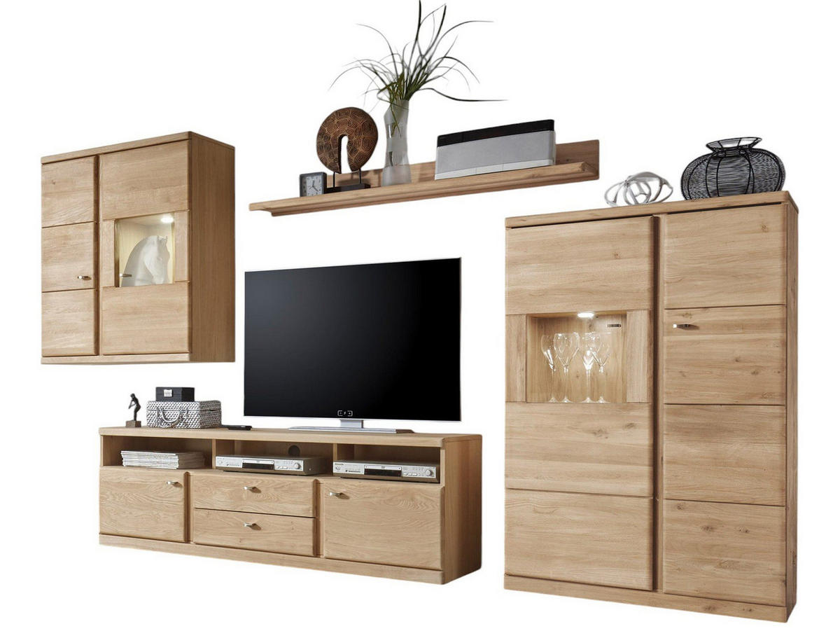 WOHNZIMMERSCHRANK Teilmassiv Ianisha 305x210x46 Wohnwand Wildeiche Bianco geölt - Naturfarben, Holz (305/210/46cm) - 58aufmkessel