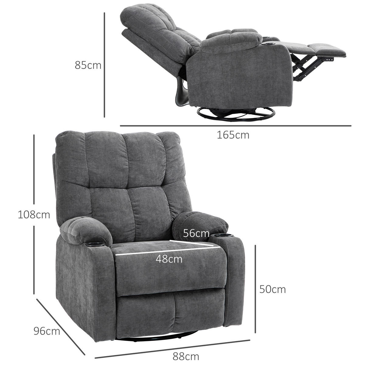 RELAXSESSEL Drehbar Fernsehsessel mit Liegefunktion, Schaukelfunktion Dunkelgrau - Dunkelgrau/Schwarz, Textil/Metall (96/108/88cm) - HOMCOM