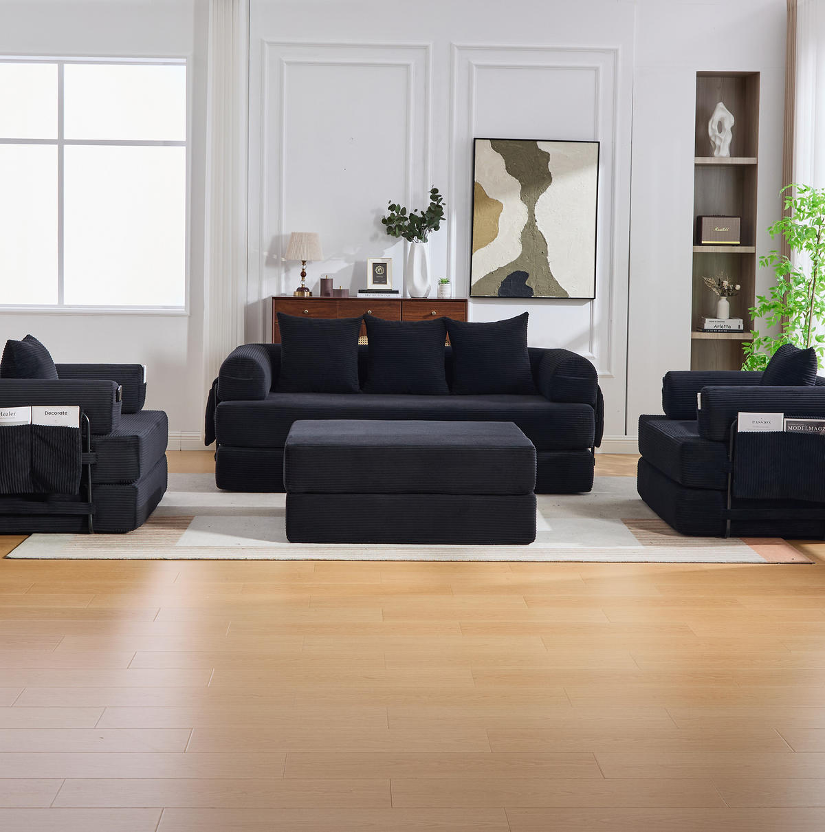 SOFA modular mit Hocker 200 x 94 x 67 cm Cord Black - Schwarz, Kunststoff (190/67/312cm) - Meubliv