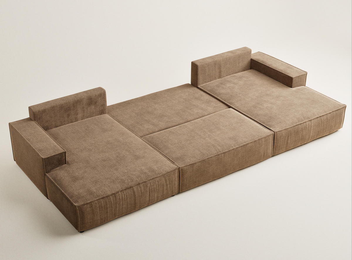 WOHNLANDSCHAFT Kyoto Hellbraun Chenille-Stoff - Hellbraun/Schwarz, Holz/Holzwerkstoff (398/70/148cm) - Maison de Reve