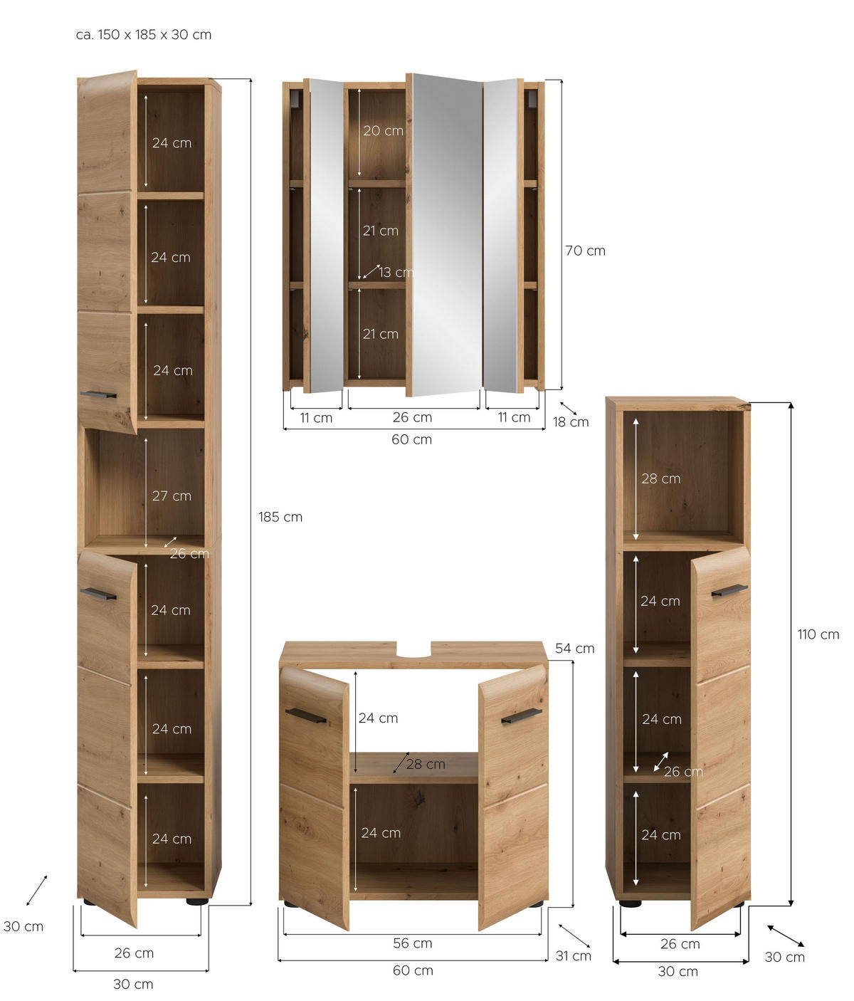 BAD-SET ICE 4-tlg. (B/H/T: ca. 150/185/30 cm) in Artisan Oak Nachbildung/Artisan Oak Nachbildung - Eiche Artisan, Holz (150/185/30cm)