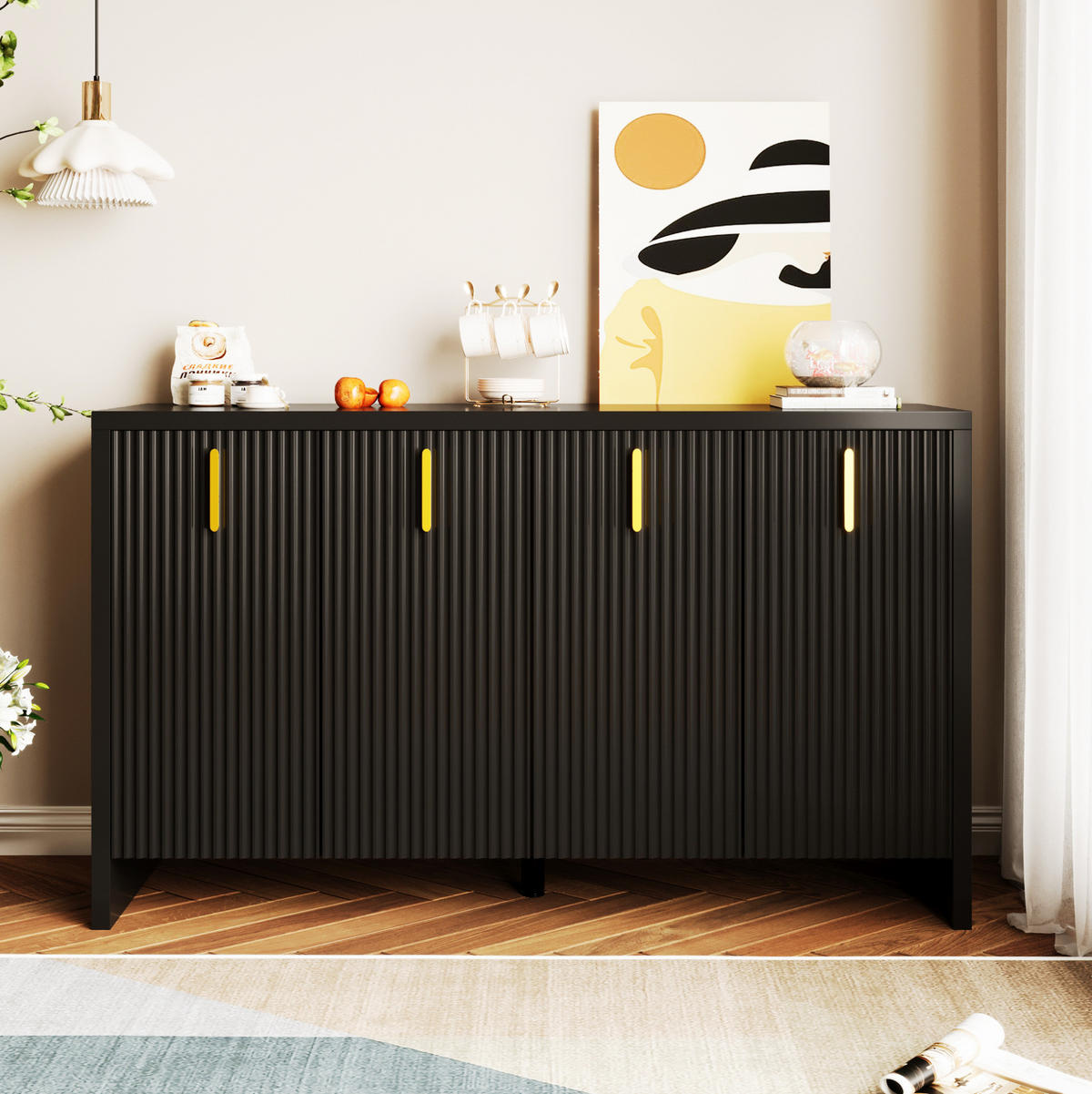 SIDEBOARD 140/38/80 cm mit 4 Türen in Schwarz und goldfarbenen Griffen - Schwarz, Holzwerkstoff (140/38/80cm) - BEAOK